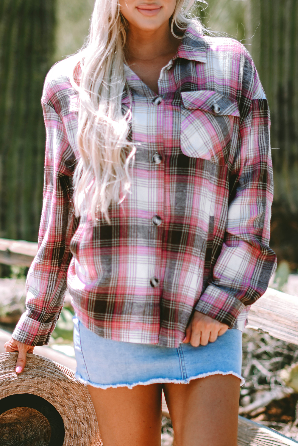 Pink Plaid Flap Pocket Button Up Shacket - loveforevers