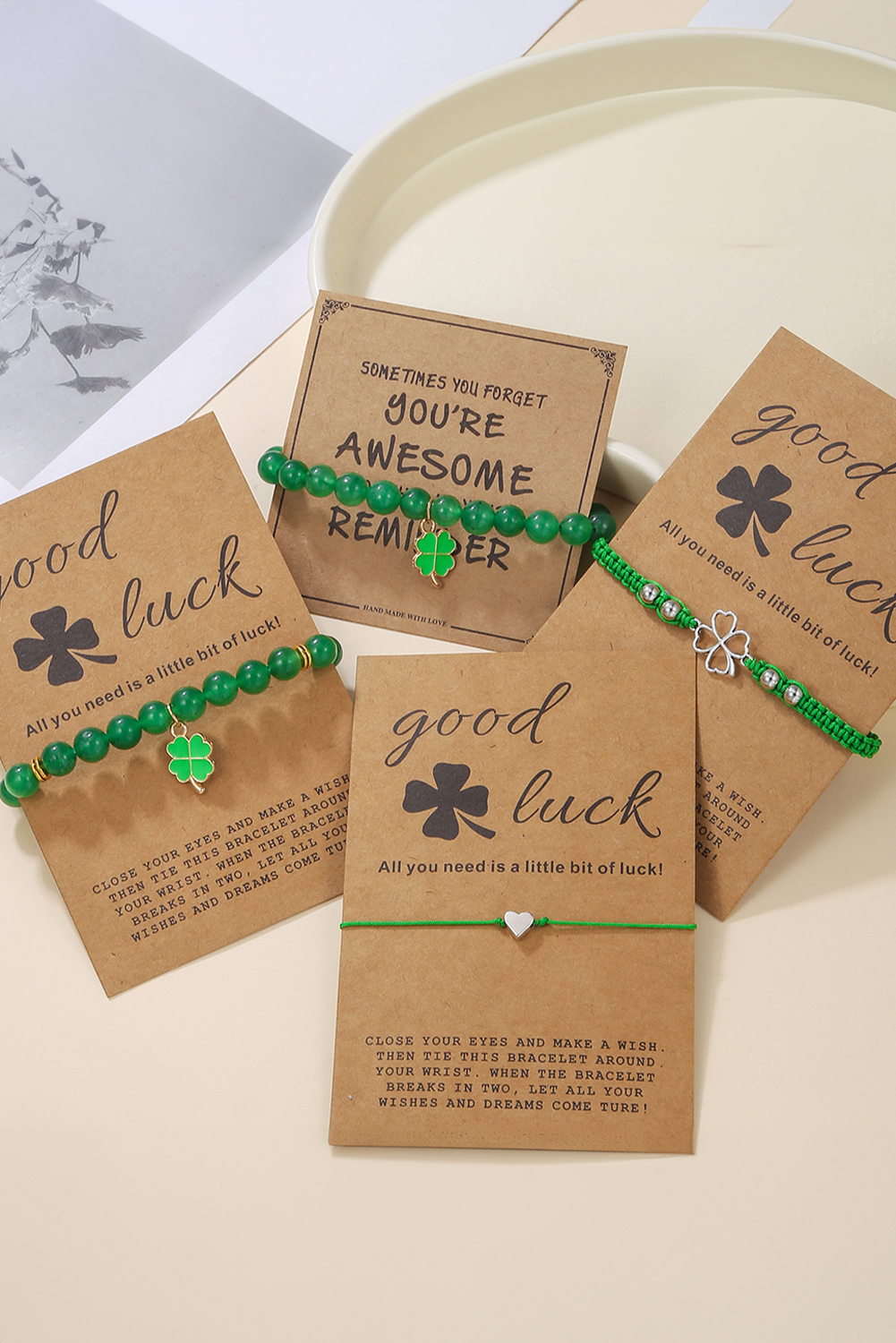 Blackish Green St Patricks Shamrock Beaded Elastic Bracelet - loveforevers