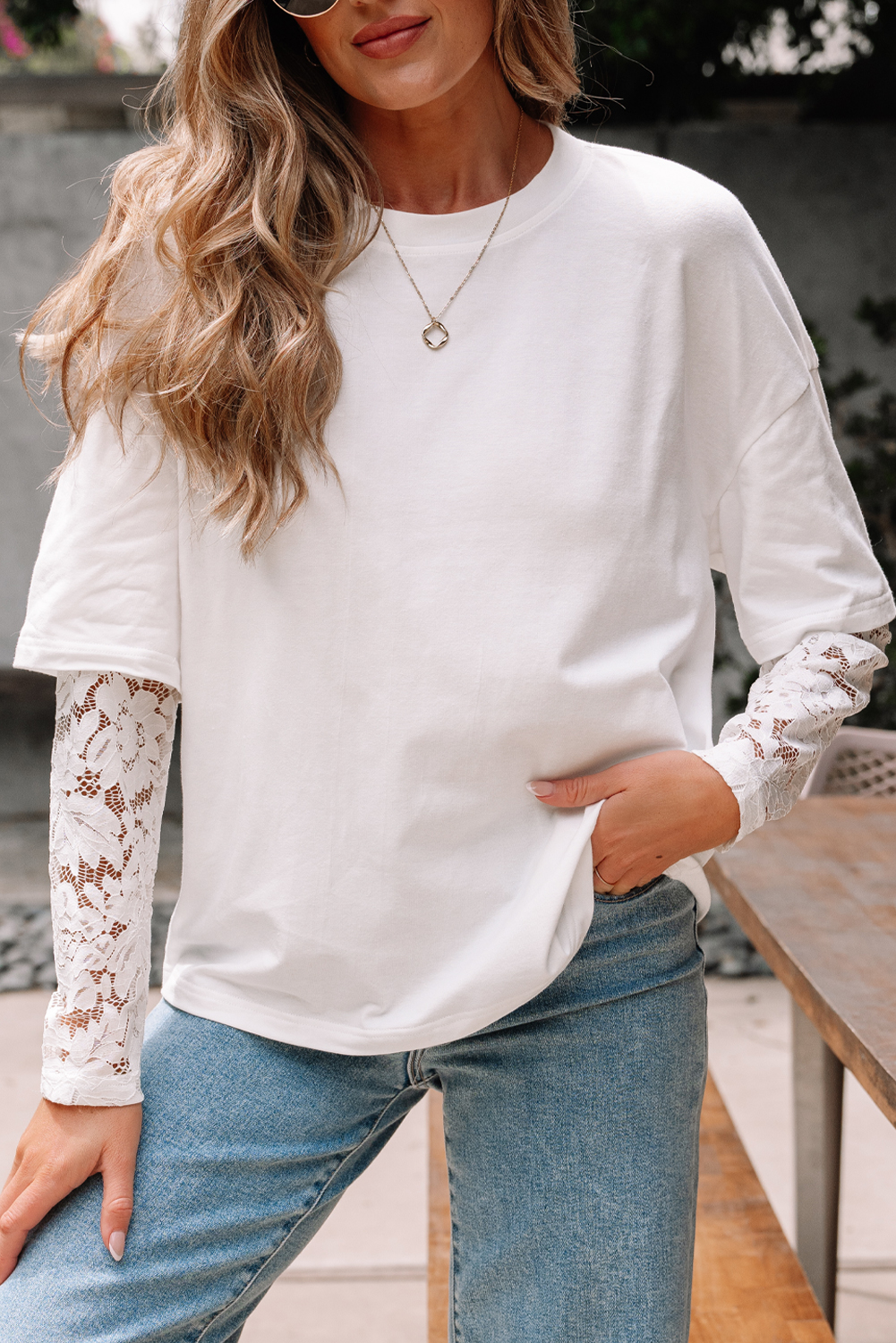 Black Lace Long Sleeve Insert Drop Shoulder Tee - loveforevers