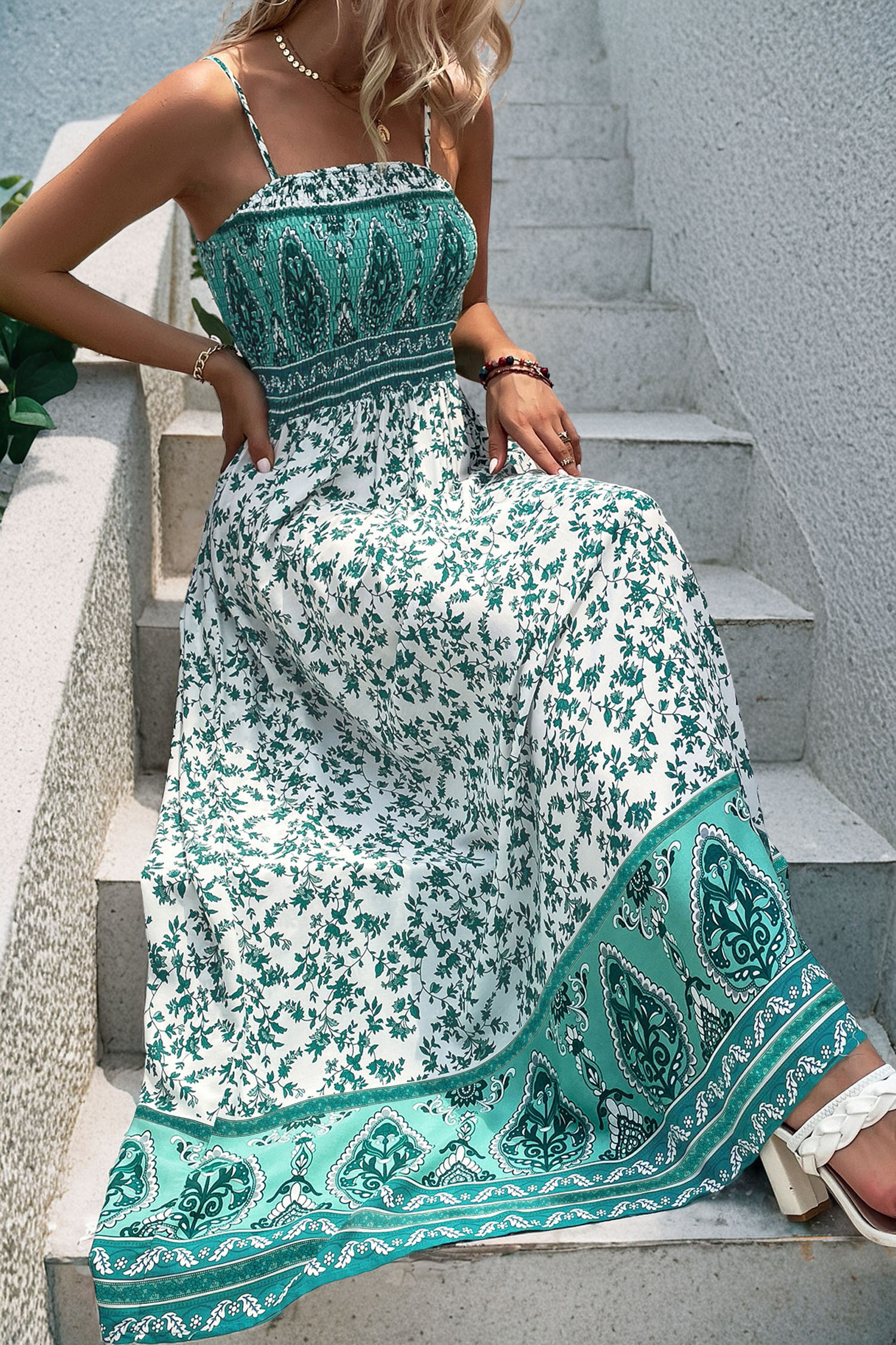 Green Boho Floral Print Shirred Cami Maxi Dress - loveforevers