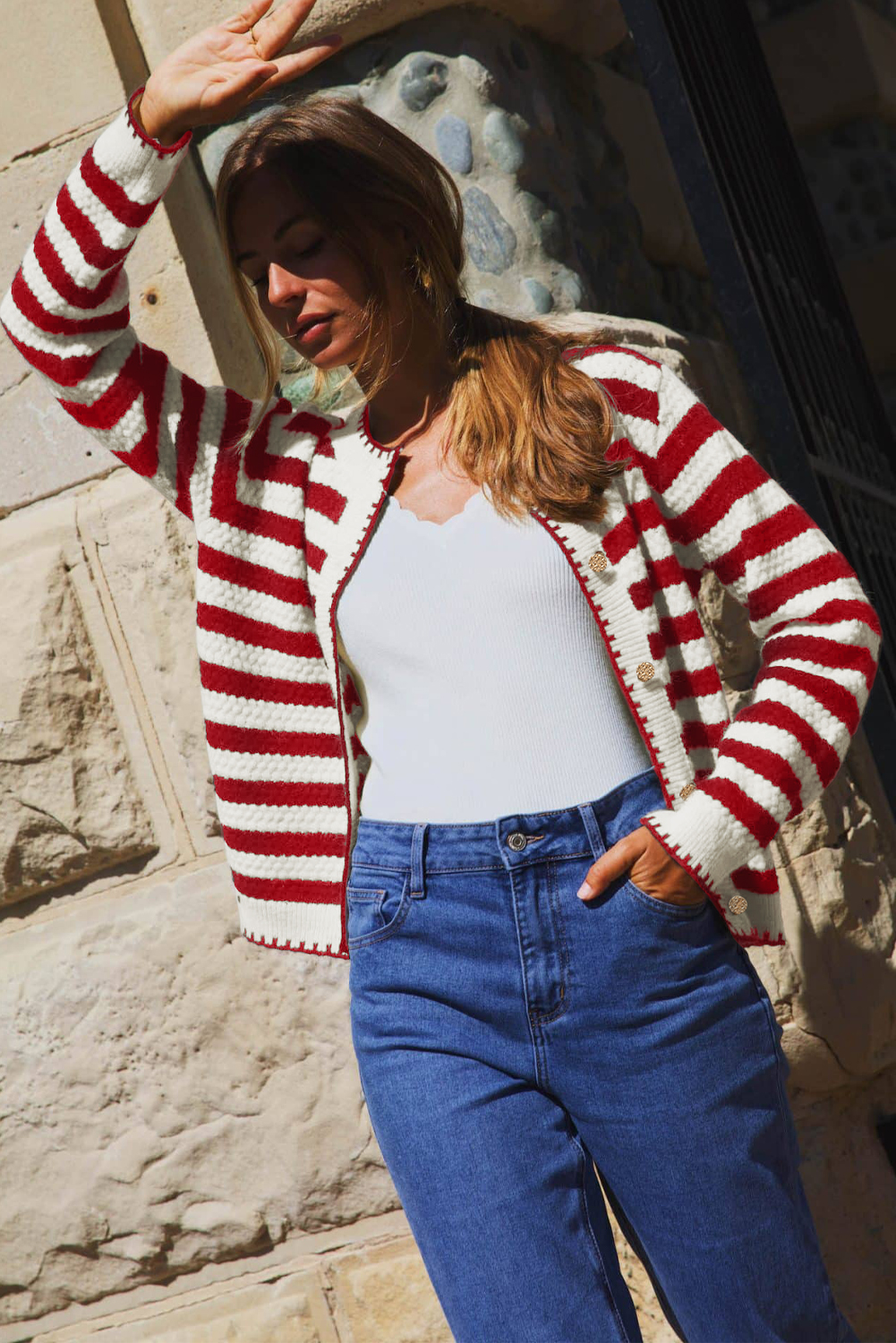 Red Stripe Chic Golden Button Cardigan Sweater - loveforevers