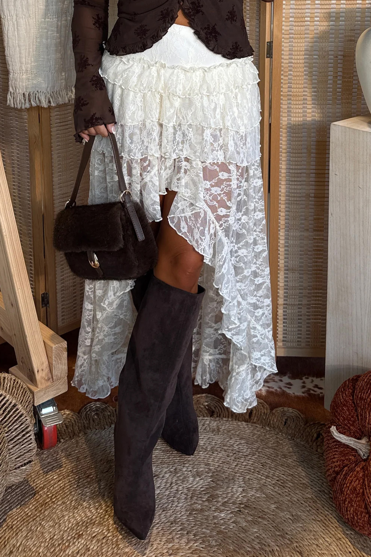 White Sheer Lace Frilly Ruffles High Low Long Skirt - loveforevers