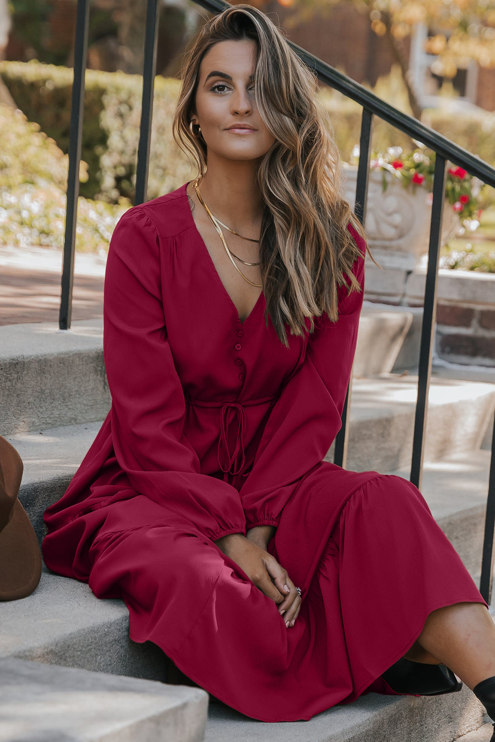 Blackish Green Solid Long Sleeve Button V Neck Tiered Maxi Dress - loveforevers