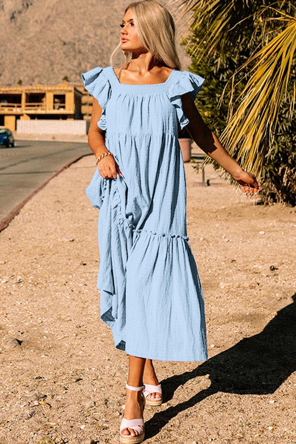 Sky Blue Ruffled Flutter Sleeve Square Neck Textured Tiered Maxi Dress - loveforevers