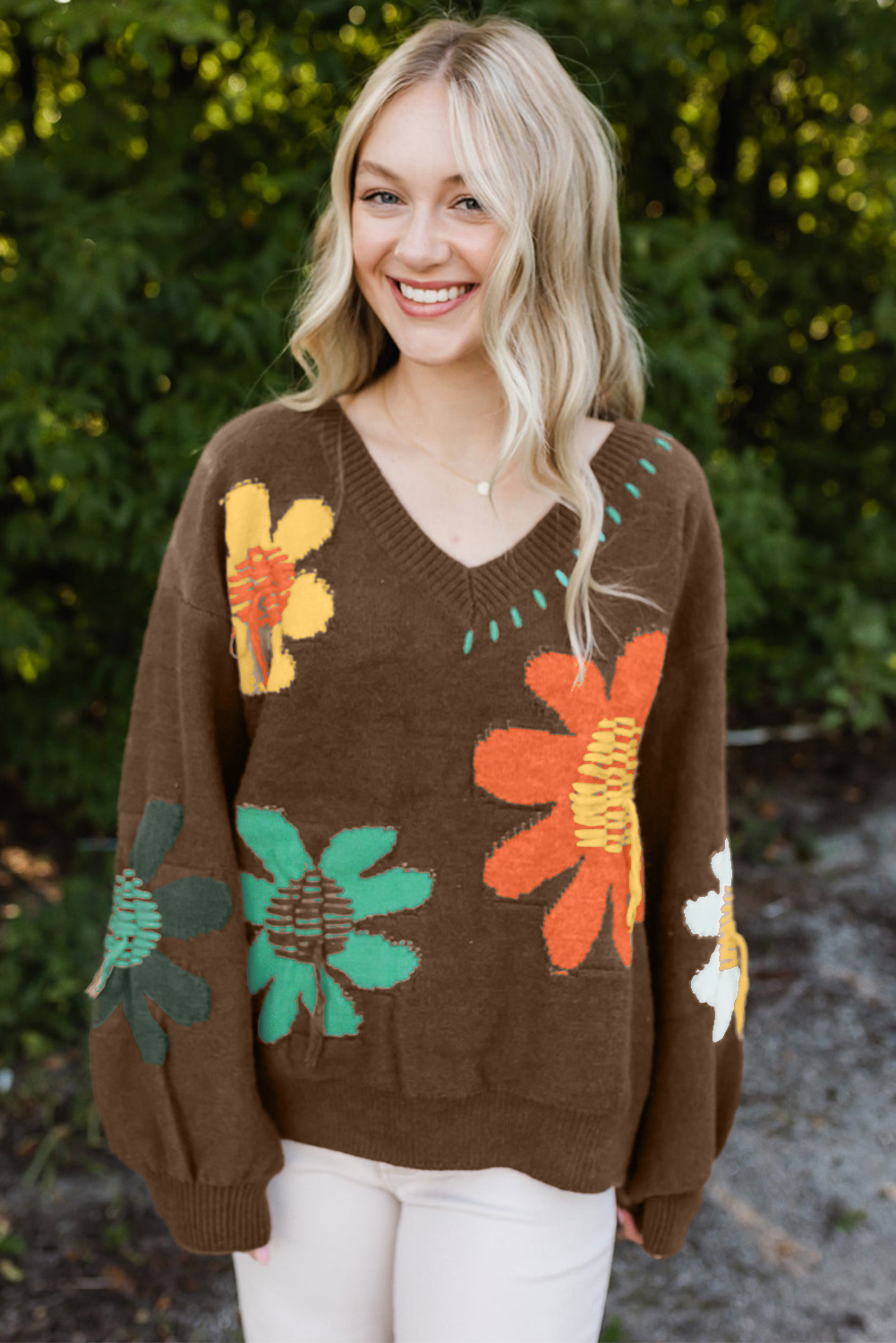 Coffee Big Flower Pattern V Neck Drop Shoulder Sweater - loveforevers