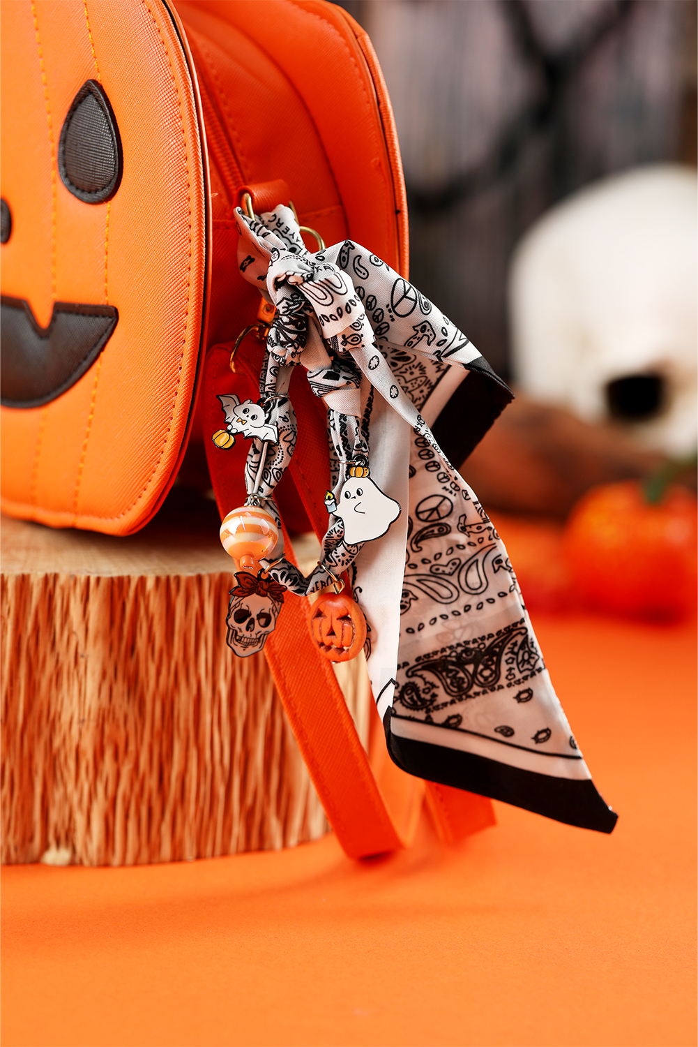 White Boho Printed Knot Scarf Halloween Pumpkin Ghost Charm Necklace - loveforevers