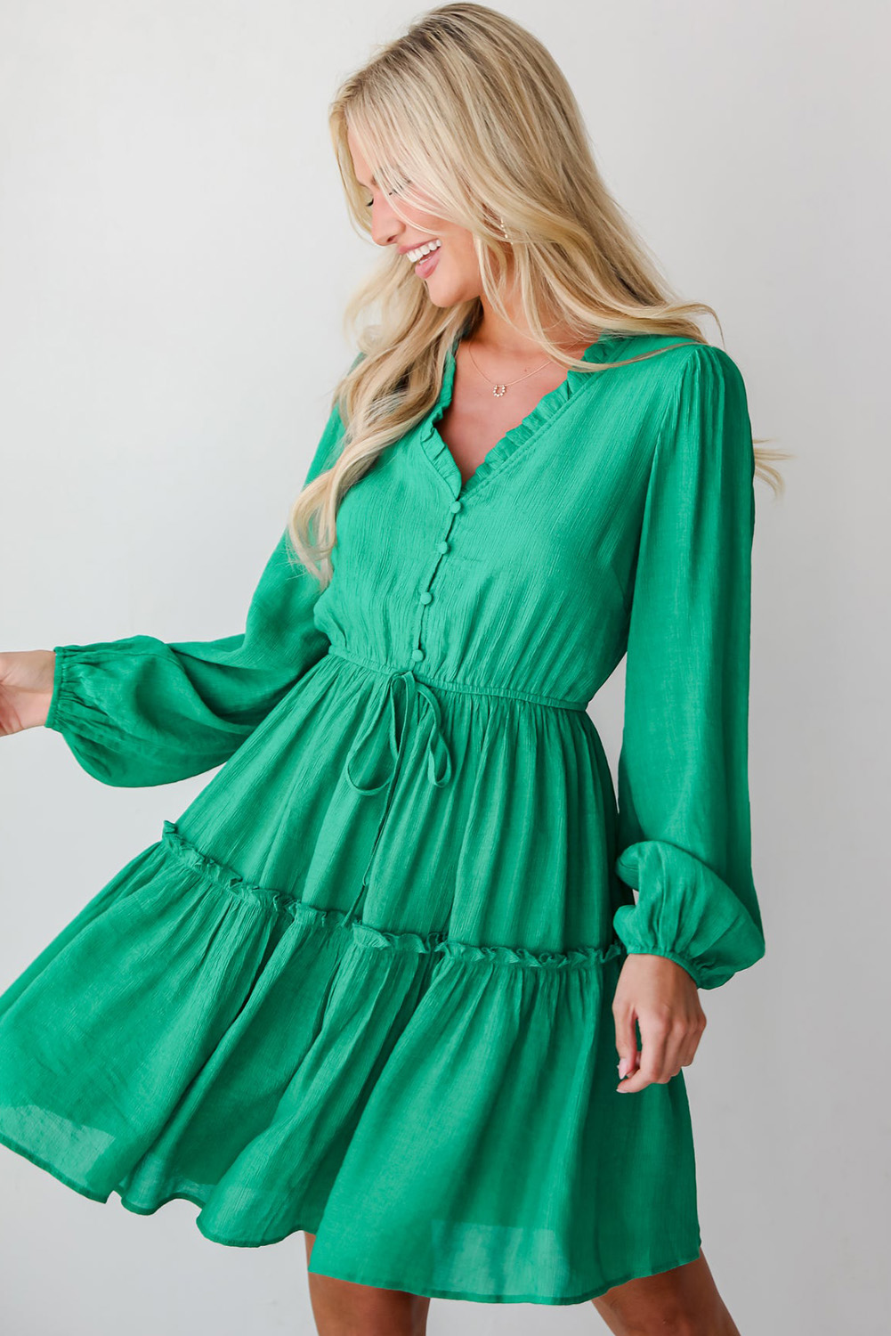 Sea Green Frilly V Neck Puff Sleeve Drawstring Shift Mini Dress - loveforevers