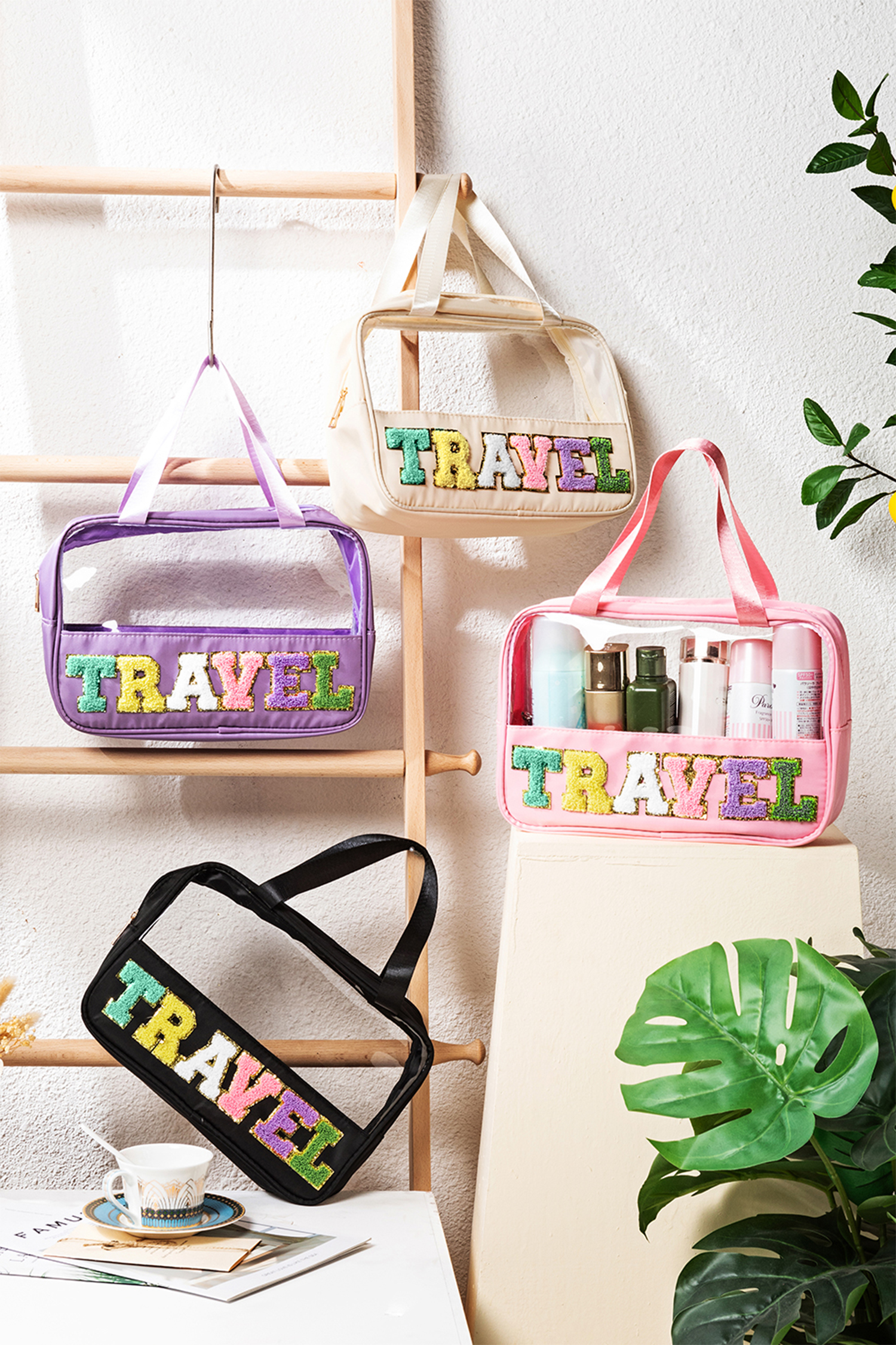 Light Pink TRAVEL Chenille Letter Clear PVC Makeup Bag - loveforevers