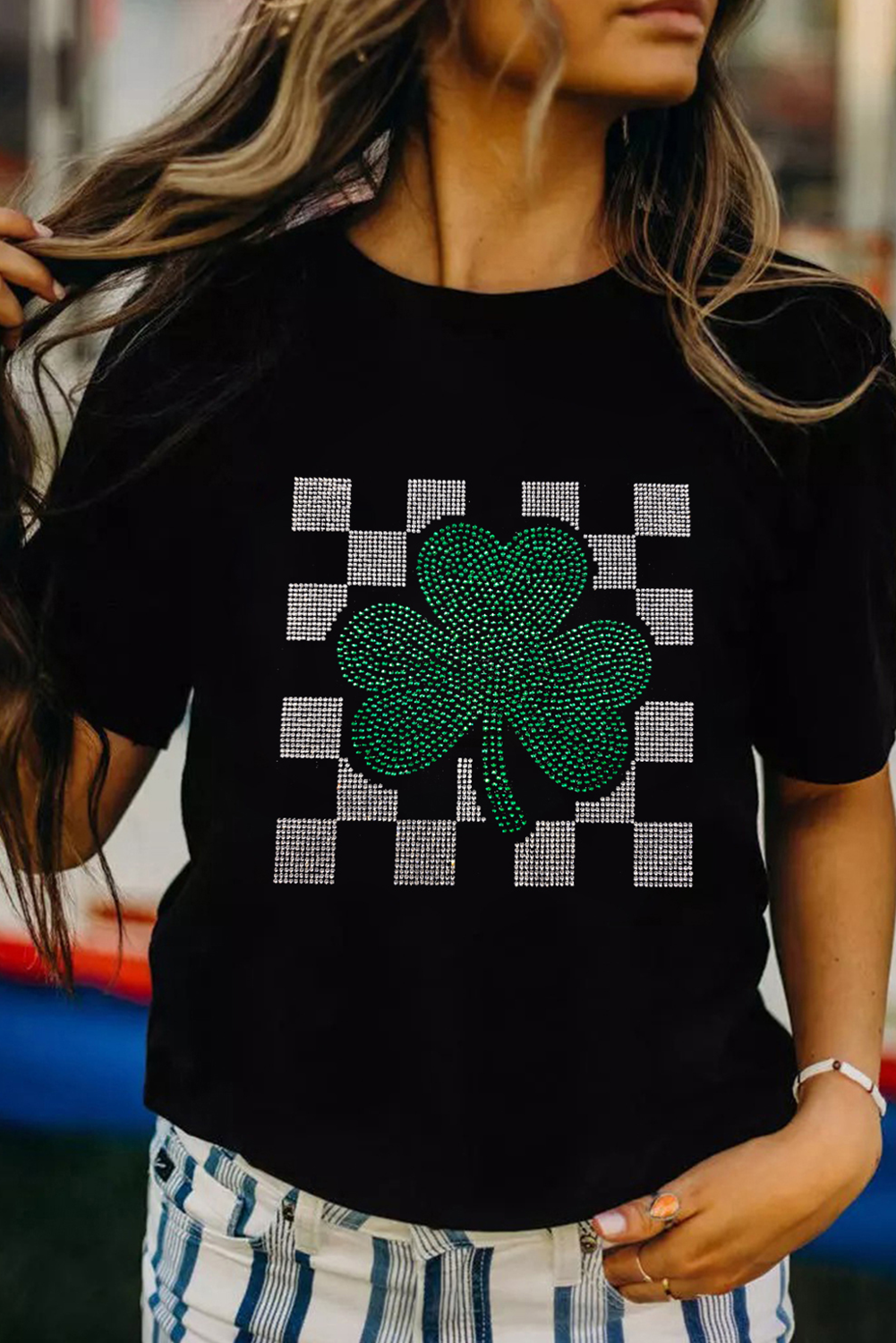 Black Clover Checkered Rhinestone Crew Neck T Shirt - loveforevers