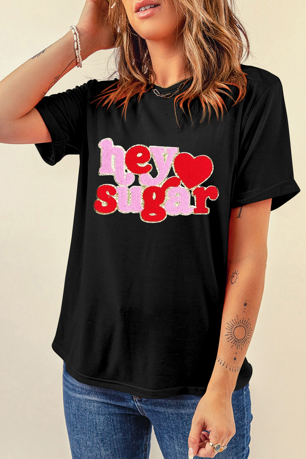 Black Chenille Heart hey sugar Patched Crewneck Valentines Tee - loveforevers
