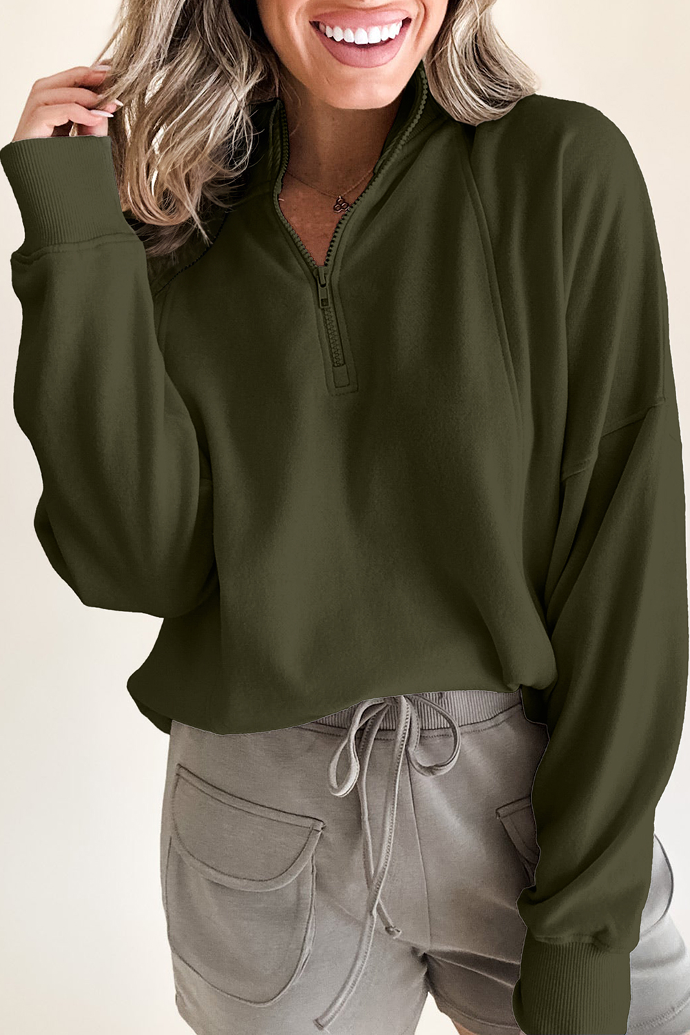 Fushia Zipped Neck Pullover Drop Shoulder Sweatshirt - loveforevers
