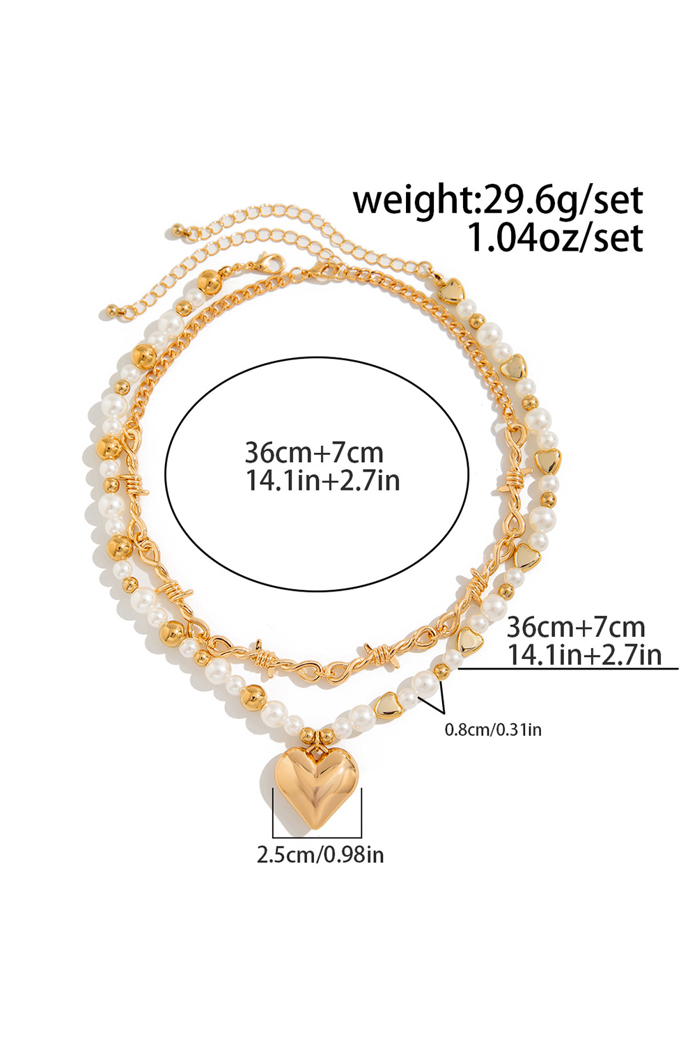 Gold 2pcs Alloy Plated Heart Pendant Pearl Necklace Set - loveforevers