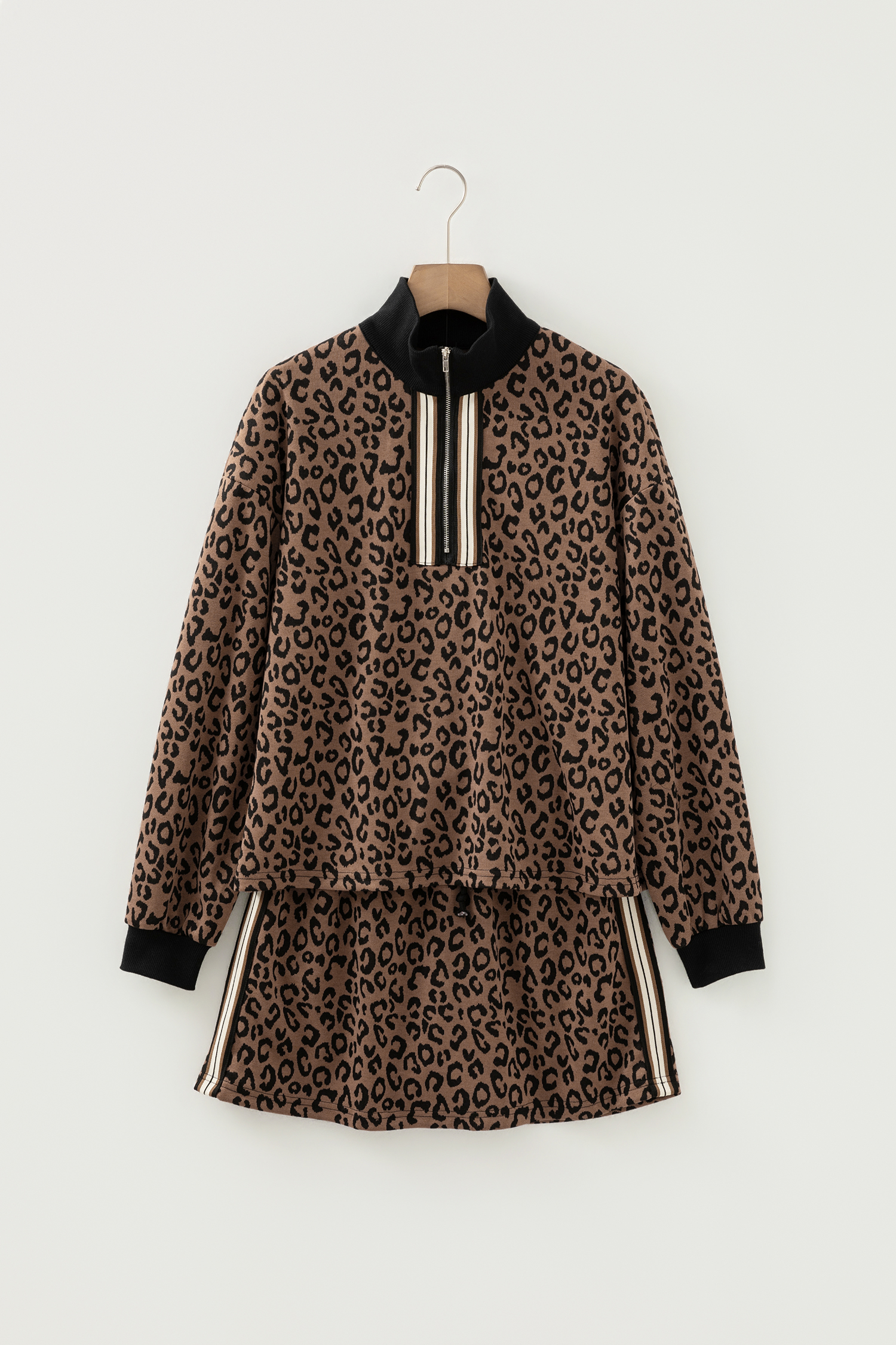 Khaki Leopard Print Quarter Zip Long Sleeve Top Mini Skirt Set - loveforevers