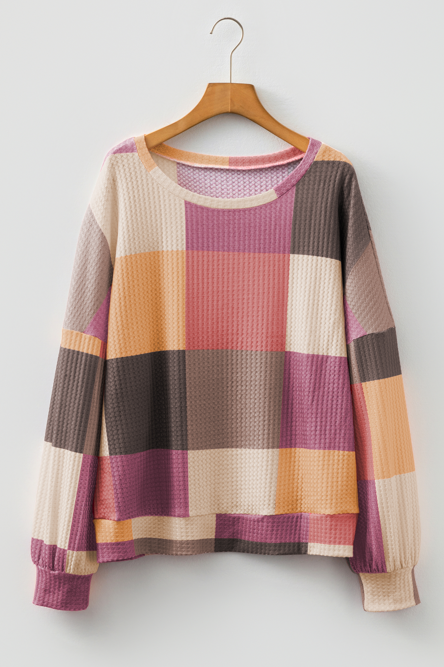 Green Checkered Print Textured Knit Long Sleeve Loose Top - loveforevers