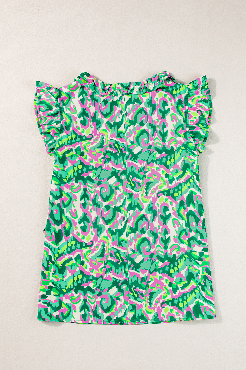 Green Abstract Print Ruffled Trim Tied Split Neck Tank Top - loveforevers