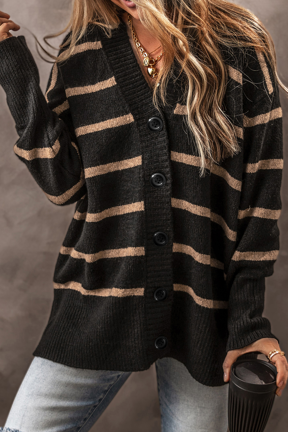 Black Stripe Buttoned V Neck Drop Shoulder Loose Cardigan - loveforevers