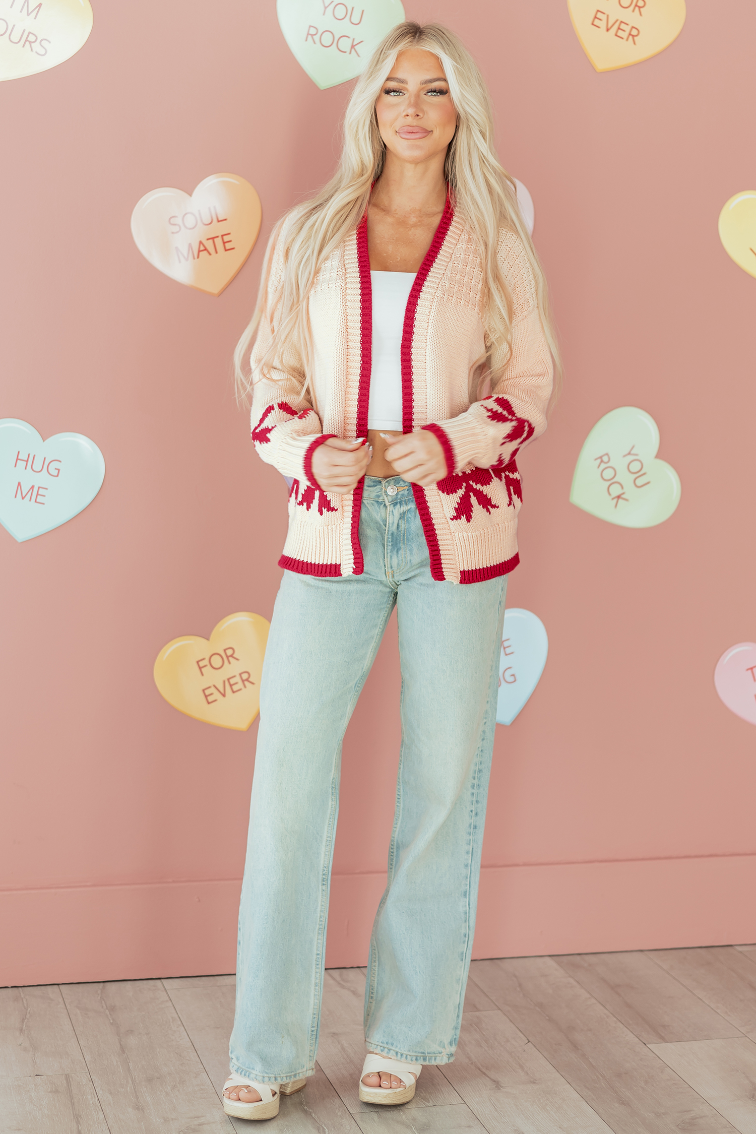 Apricot Bow Pattern Textured Open Front Baggy Cardigan - loveforevers