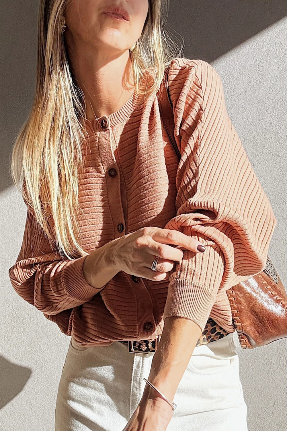 Apricot Pink Wide Rib Knit Button Front Dolman Sleeve Sweater Cardigan - loveforevers