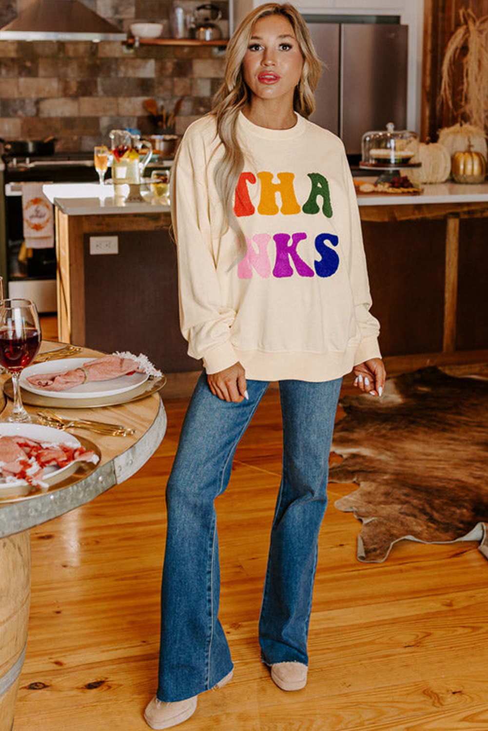Apricot THANKS Chenille Embroidered Drop Shoulder Graphic Sweatshirt - loveforevers