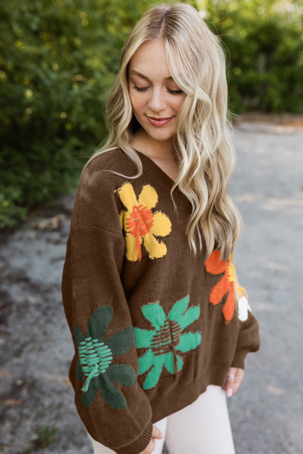Coffee Big Flower Pattern V Neck Drop Shoulder Sweater - loveforevers