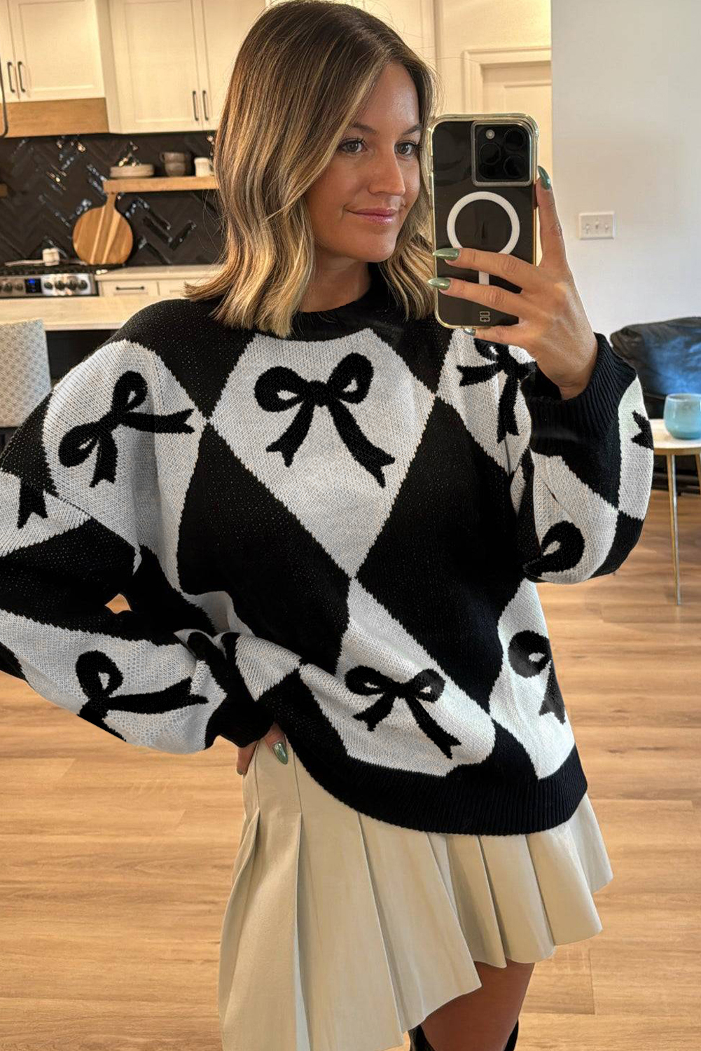 Black Bow Print 2-tone Rhombus Knit Loose Sweater - loveforevers