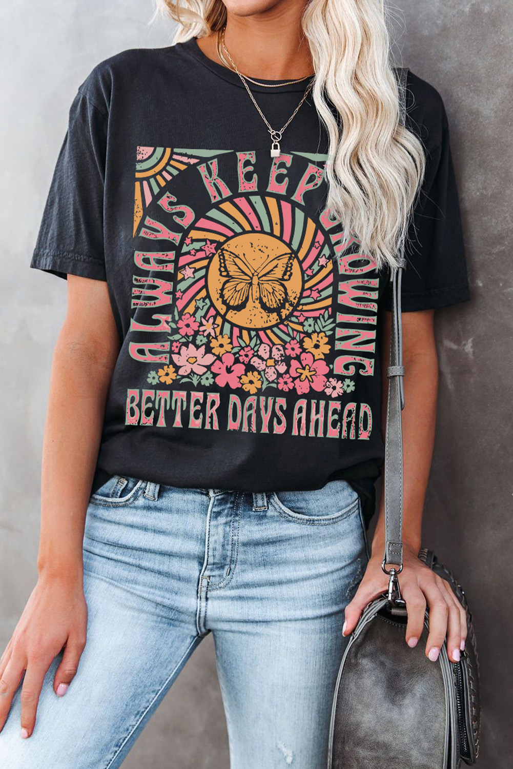 Black Always Keep Growing Butterfly Flower Crewneck Graphic Tee - loveforevers