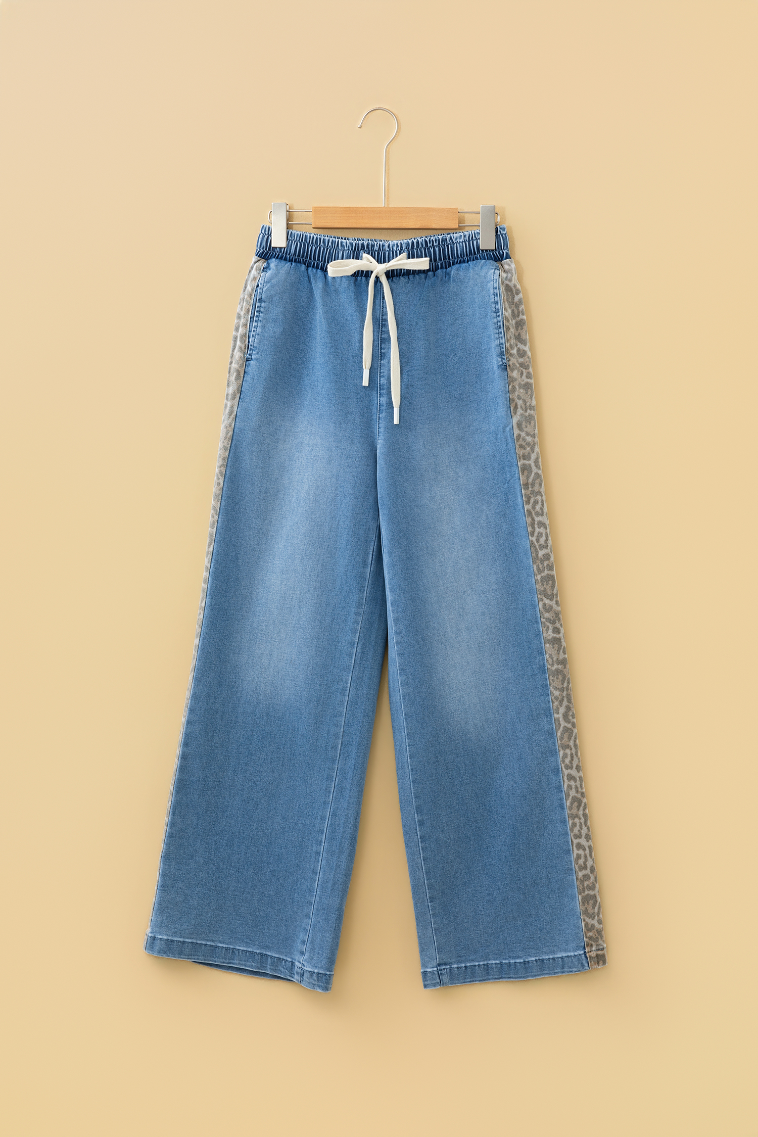 Beau Blue Drawstring Elastic Waist Leopard Striped Side Panel Wide Leg Jeans - loveforevers