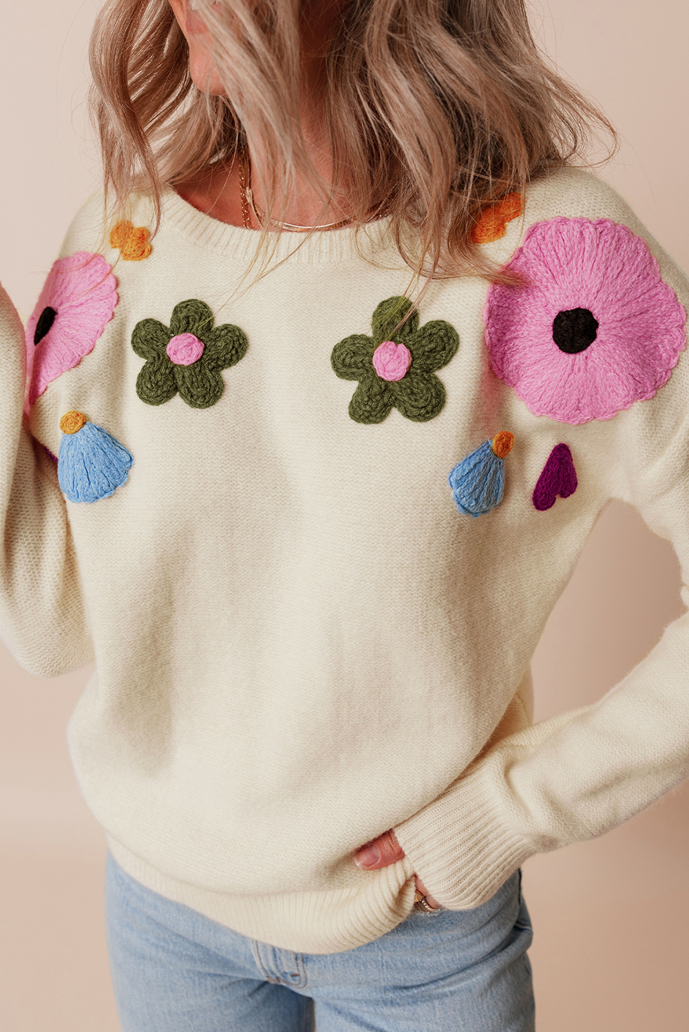 Pink Knitted Flower Pattern Ribbed Edge Sweater - loveforevers