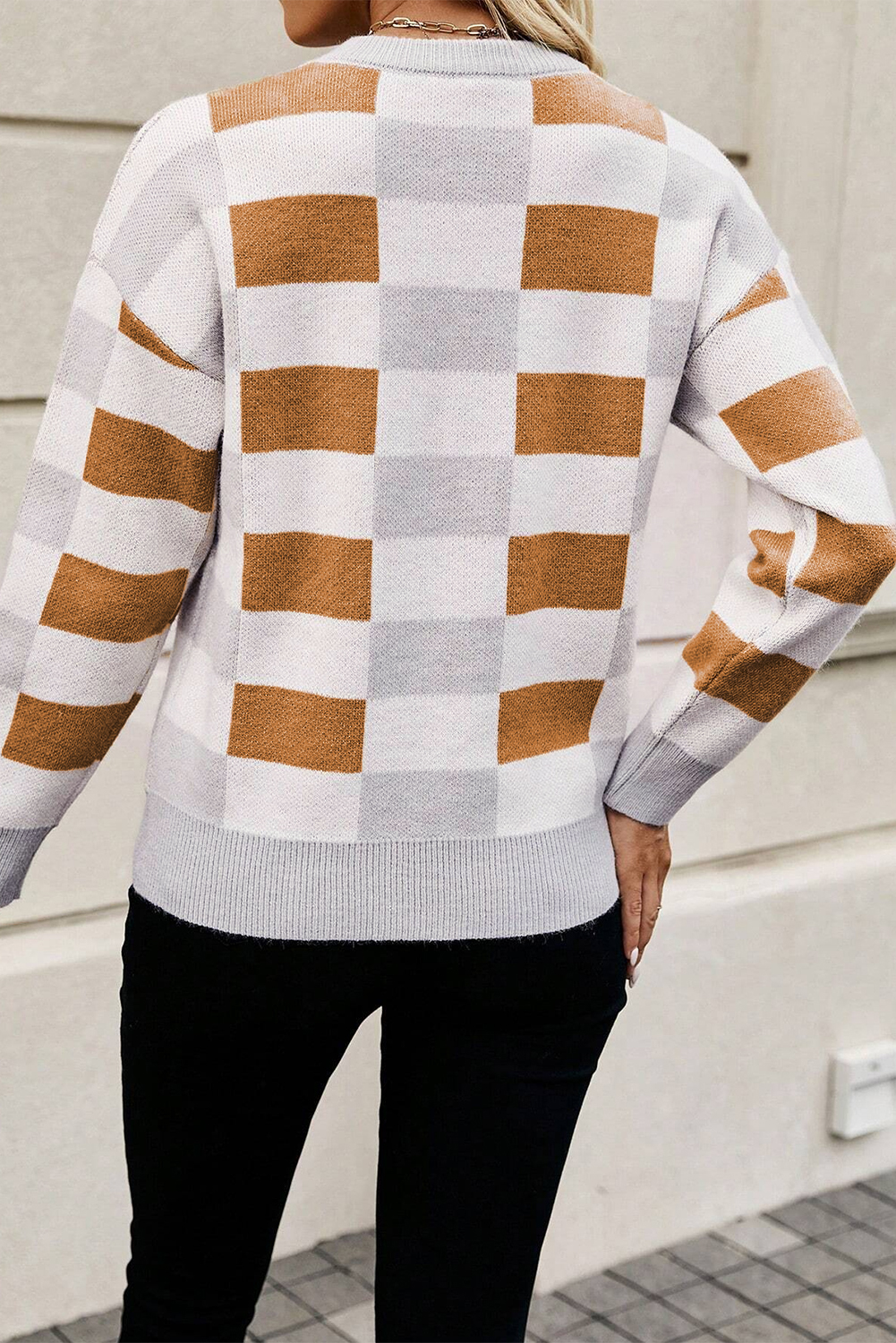 Khaki Checkered Ribbed Edge O Neck Drop Shoulder Sweater - loveforevers