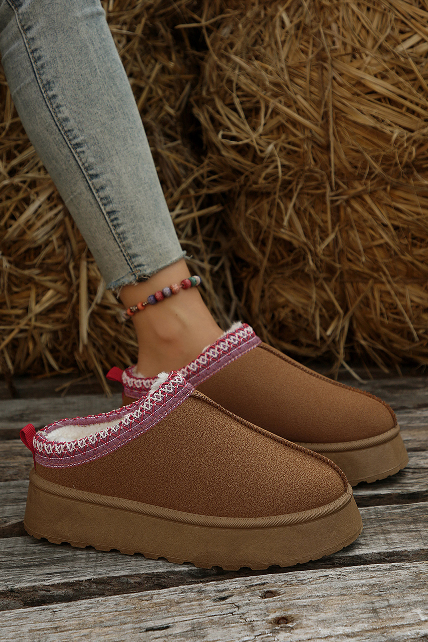 Chestnut Contrast Print Suede Plush Lined Snow Boots - loveforevers
