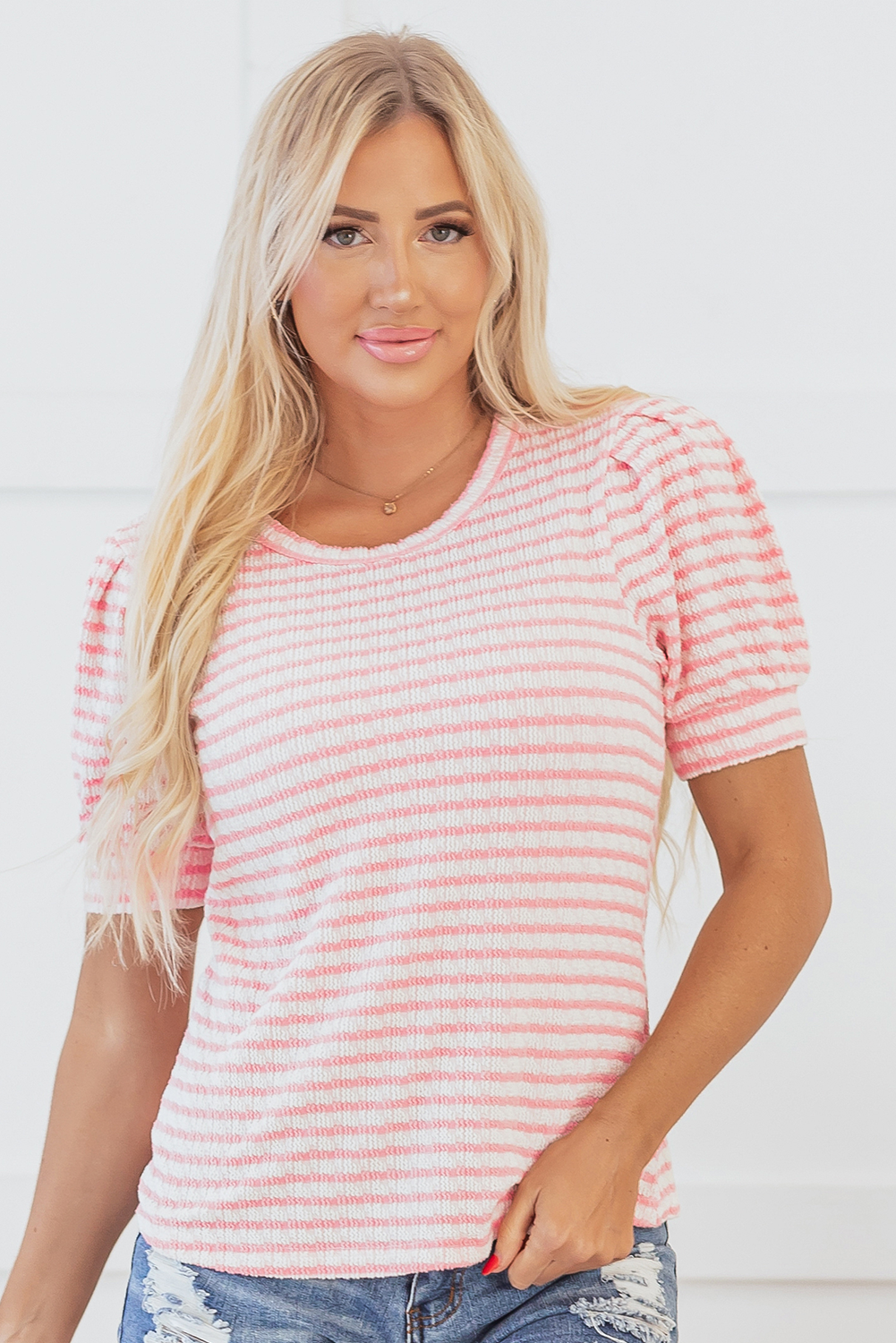 Pink Stripe Textured Puff Sleeve Crewneck Top - loveforevers