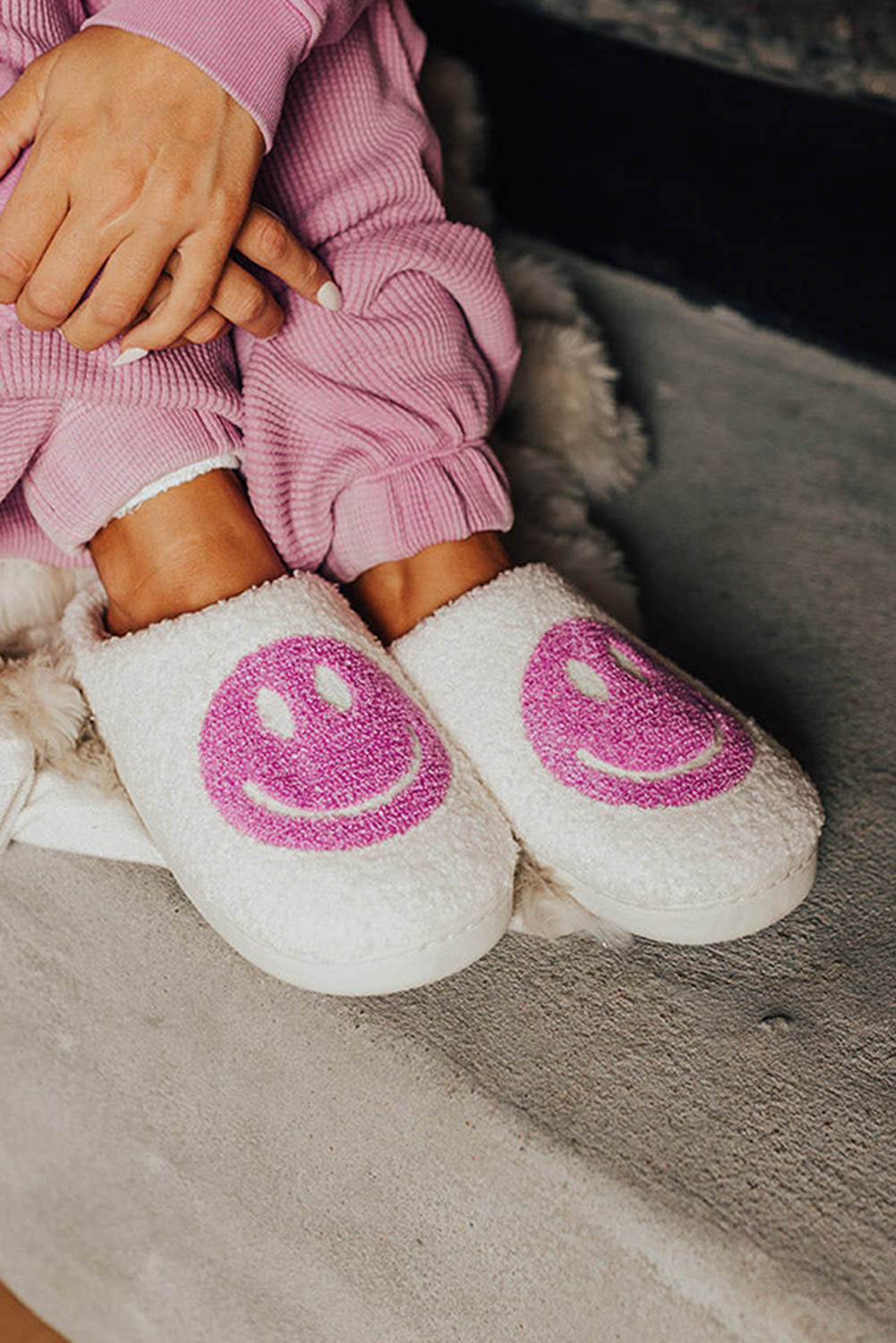 Pink Smile Face Print Non-slip Plush Slippers - loveforevers