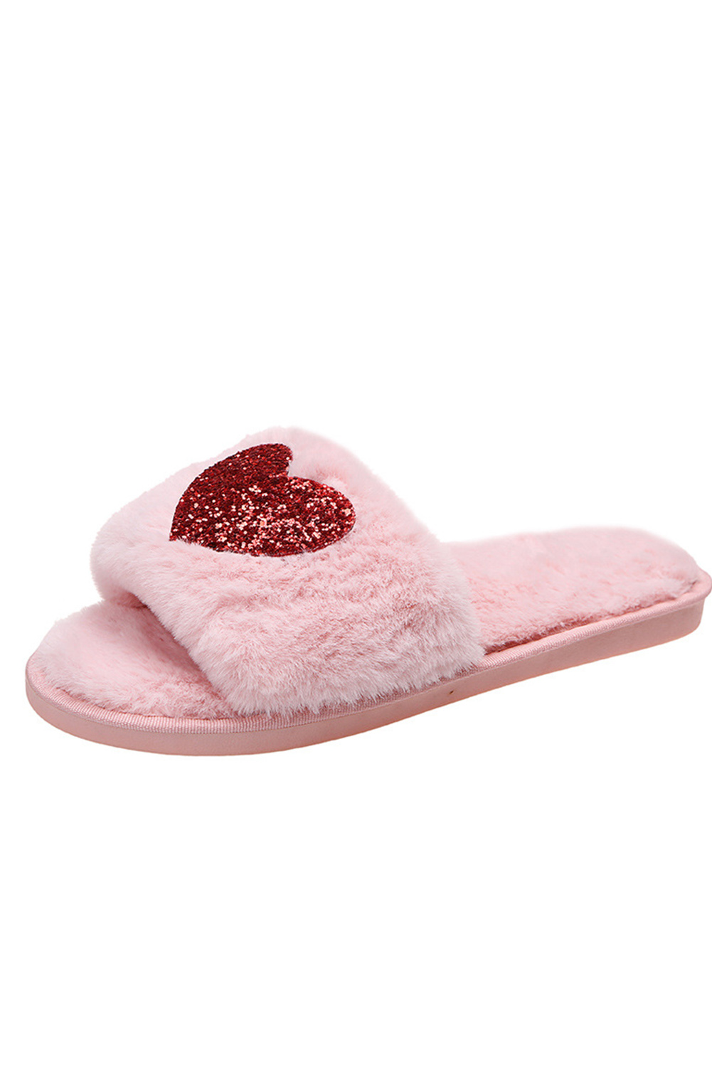 Pink Sequin Heart Shaped Slip On Plush Slippers - loveforevers