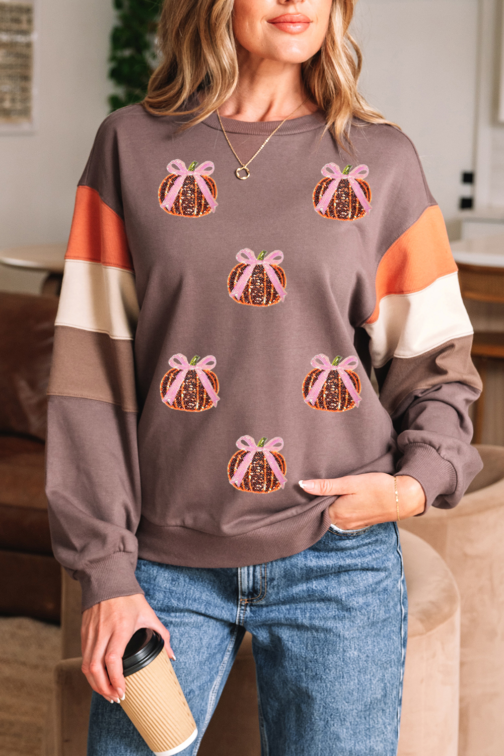 Dark Khaki Color Block Patchwork Sequin Bow Pumpkin Graphic Sweatshirt - loveforevers