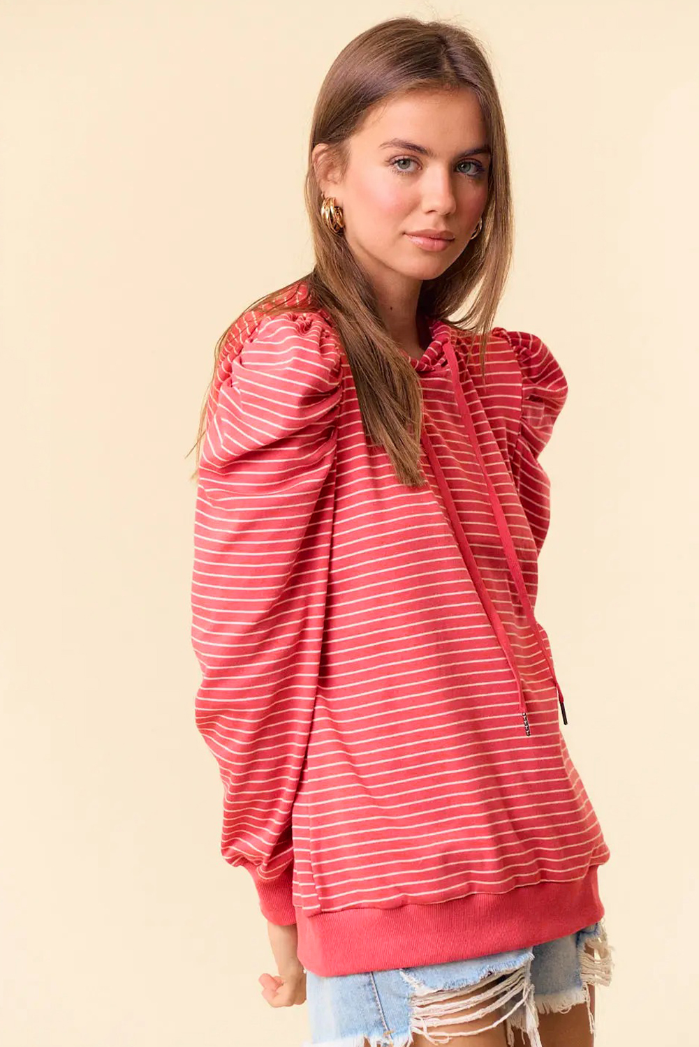 Red Stripe Puff Sleeve Stripe Hoodie - loveforevers