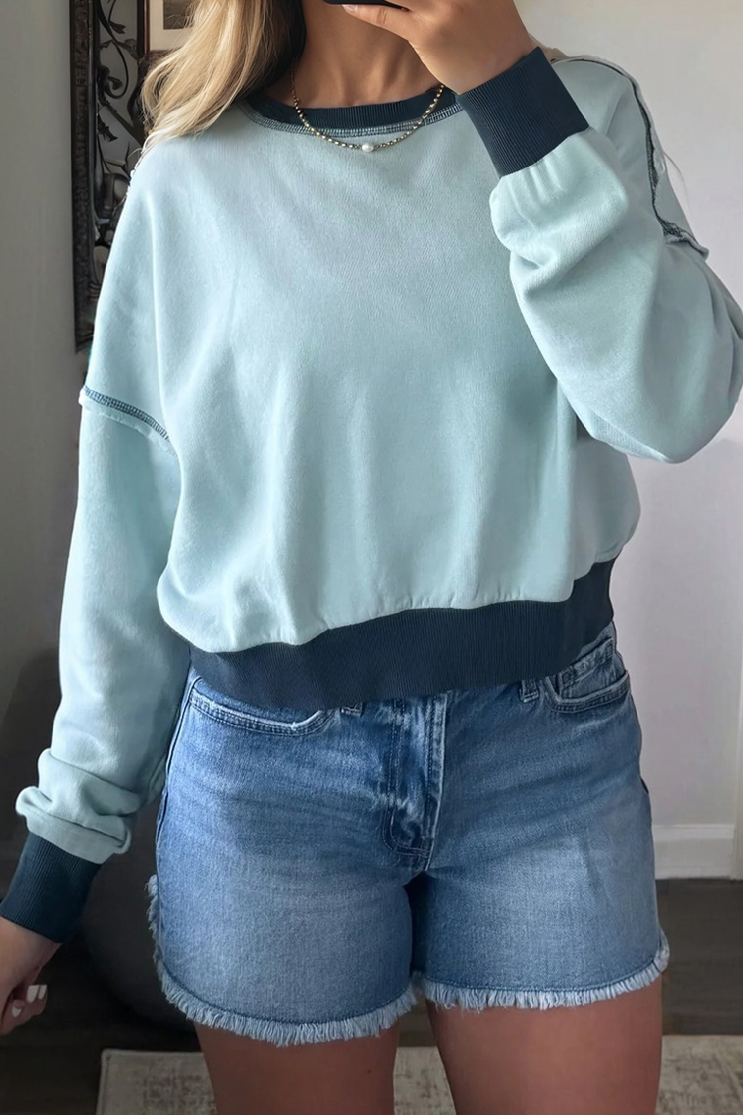 Iceland Blue Contrast Edge Colorblock Patchwork Crop Sweatshirt - loveforevers