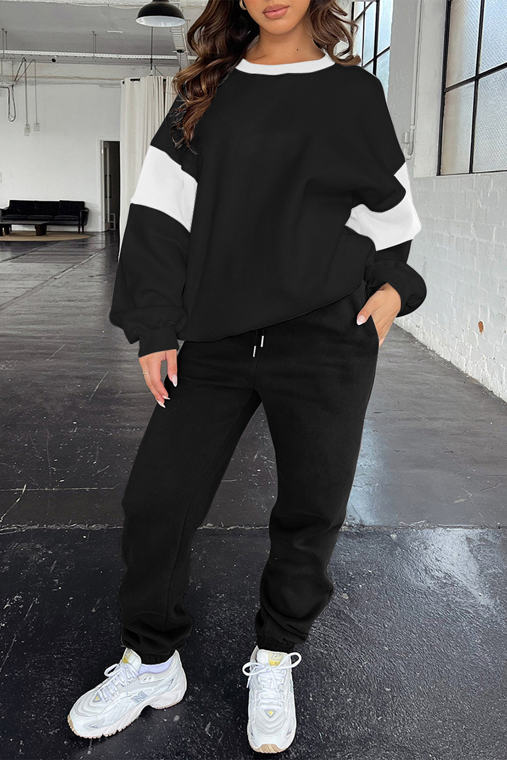 Black Drop Shoulder Loose Sweatshirt and Joggers Active Set - loveforevers