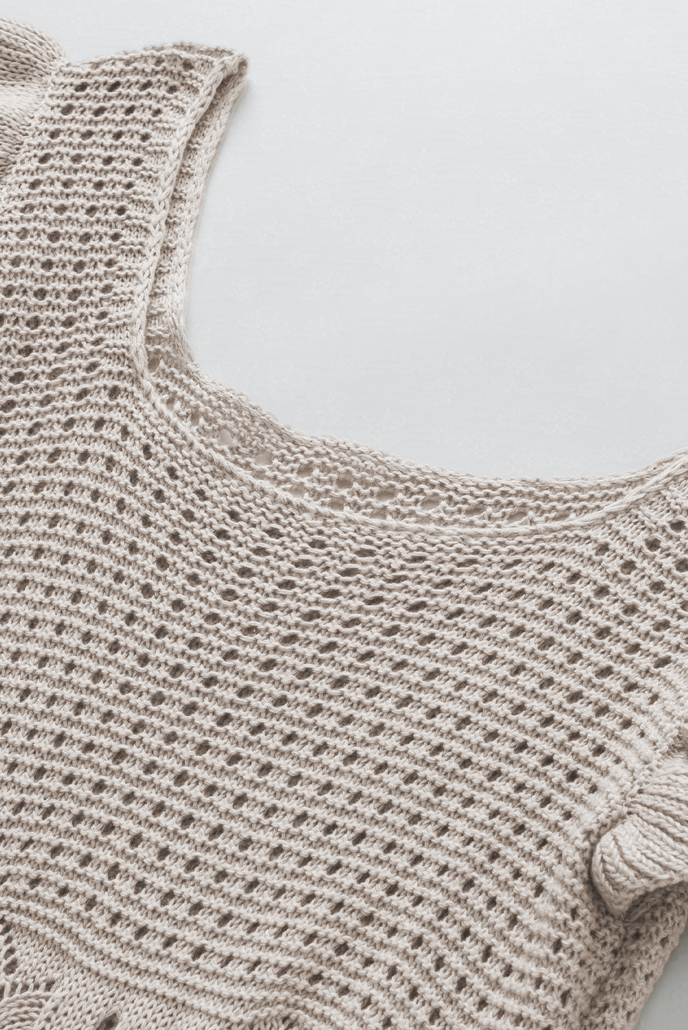 Beige Pointelle Knit Flutter Sleeve Sweater - loveforevers