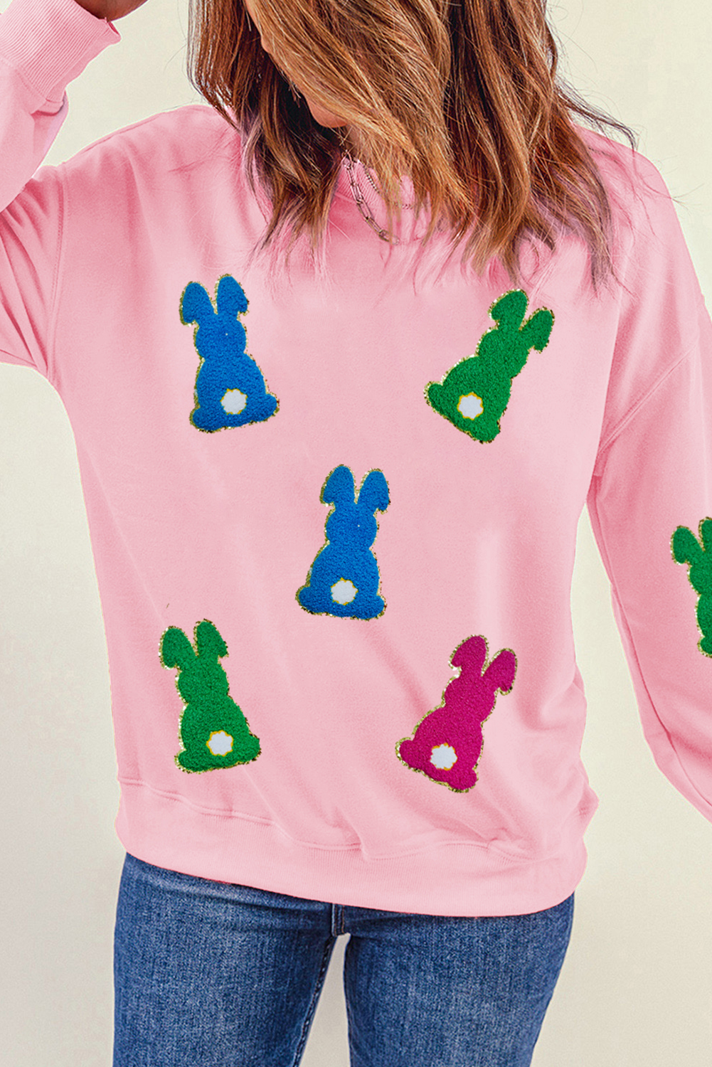 Pink Easter Bunny Chenille Patched Graphic Drop Shoulder Sweatshirt - loveforevers