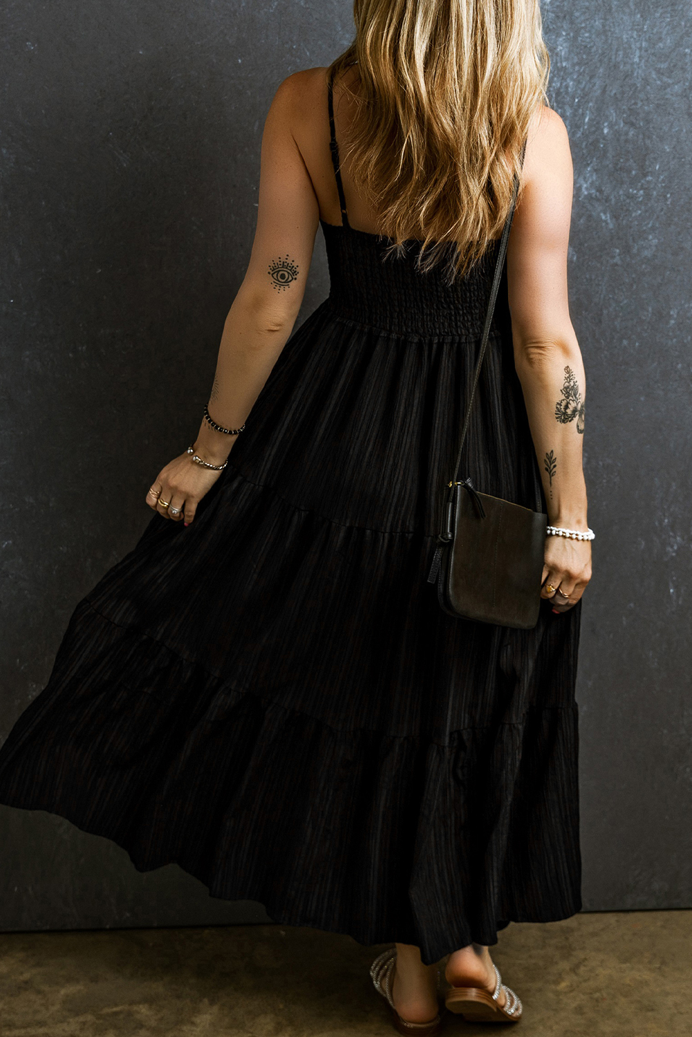 Black Spaghetti Straps Smocked Pleated Tiered Maxi Dress - loveforevers