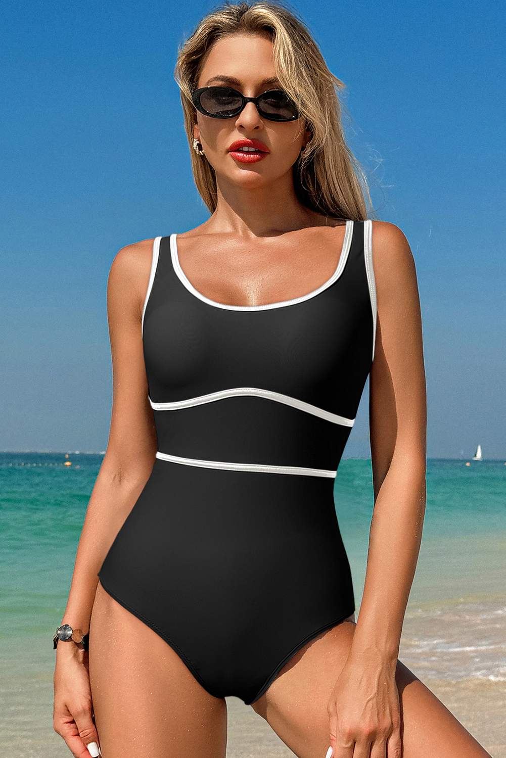 Navy Blue Contrast Trim Lace-up Back One Piece Swimsuit - loveforevers