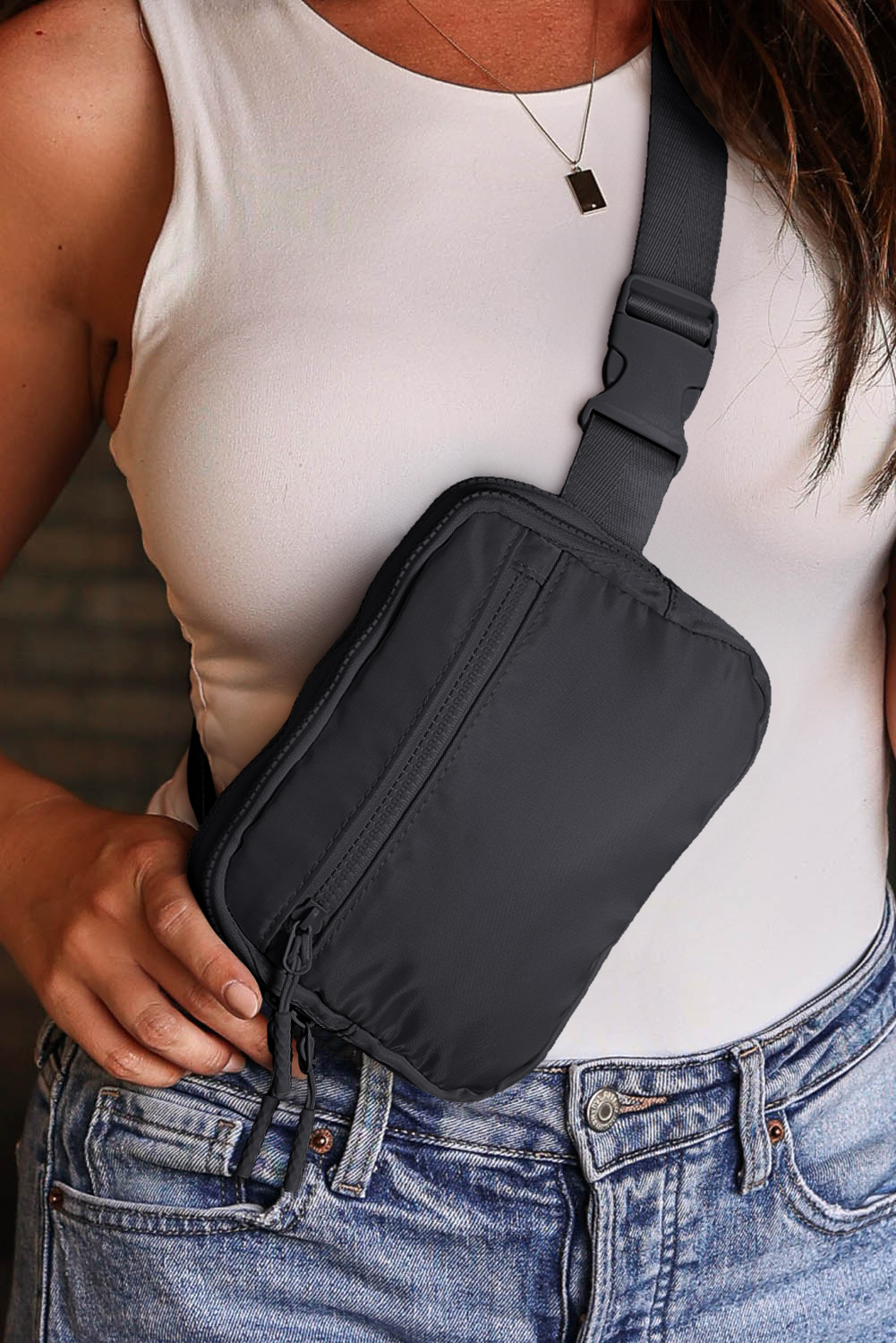 Black Wide Belt Zipped Square Crossbody Bag - loveforevers
