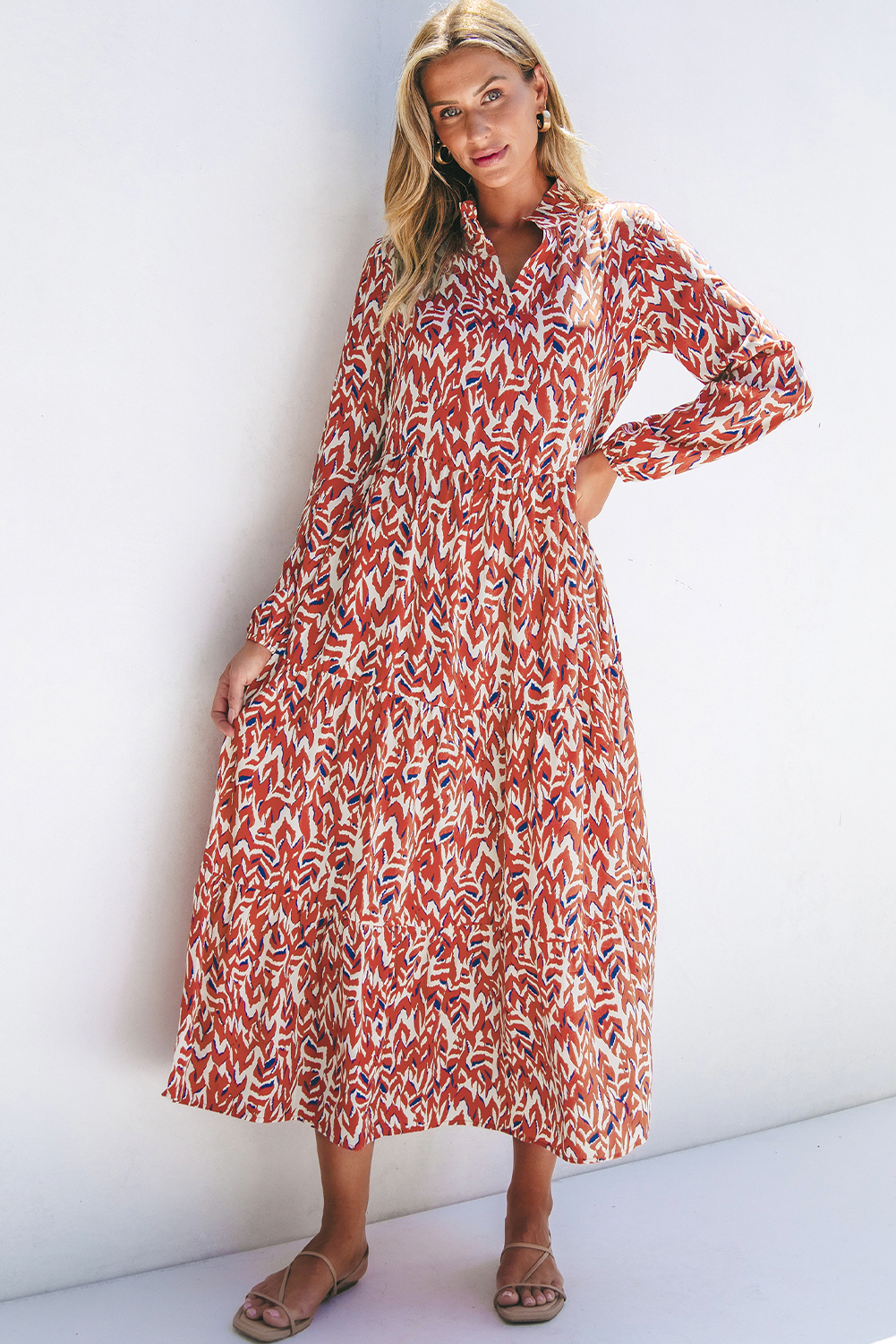 Orange Abstract Print V Neck Pleated High Waist Midi Dress - loveforevers