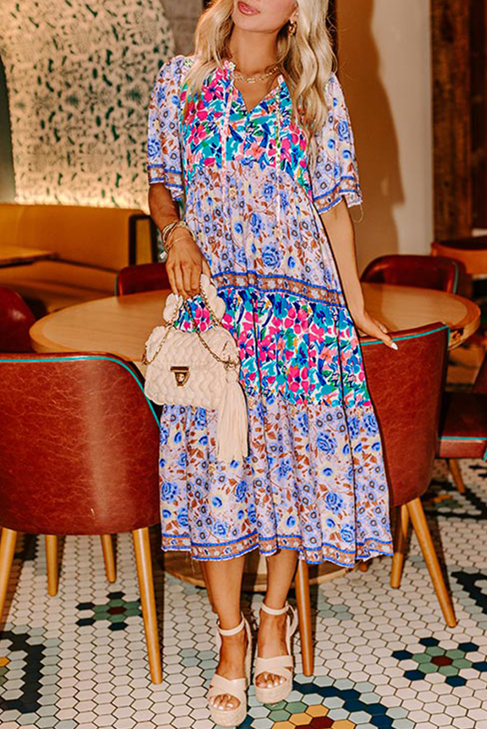 Sky Blue Mixed Floral Print Tie Split Neck Short Sleeve Dress - loveforevers