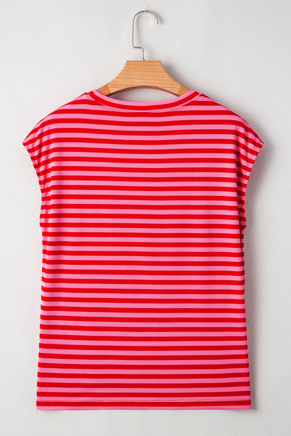 Sky Blue Stripe Ribbed Cap Sleeve Round Neck T Shirt - loveforevers