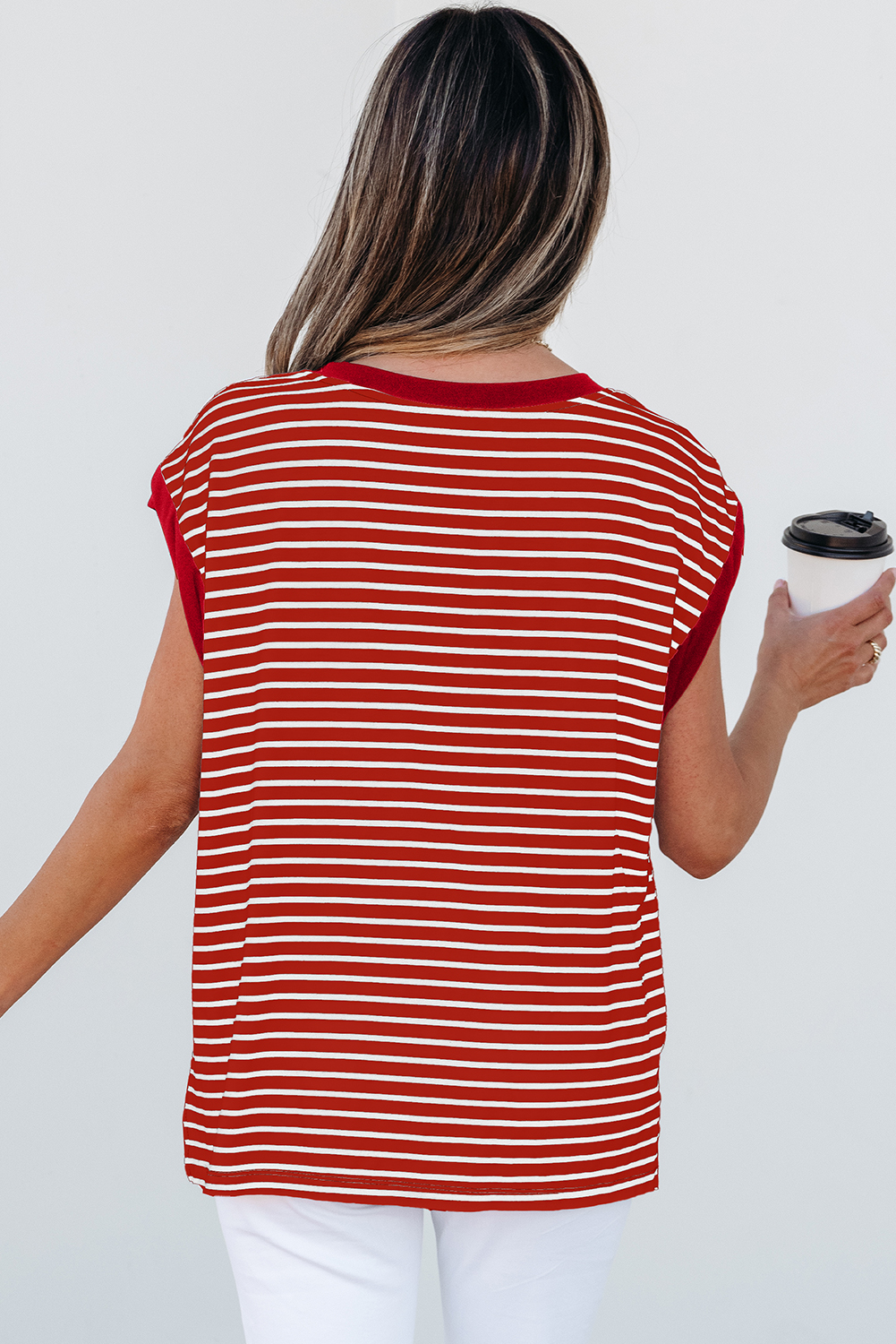 Red Stripe Chest Pocket Patch Round Neck Tank Top - loveforevers