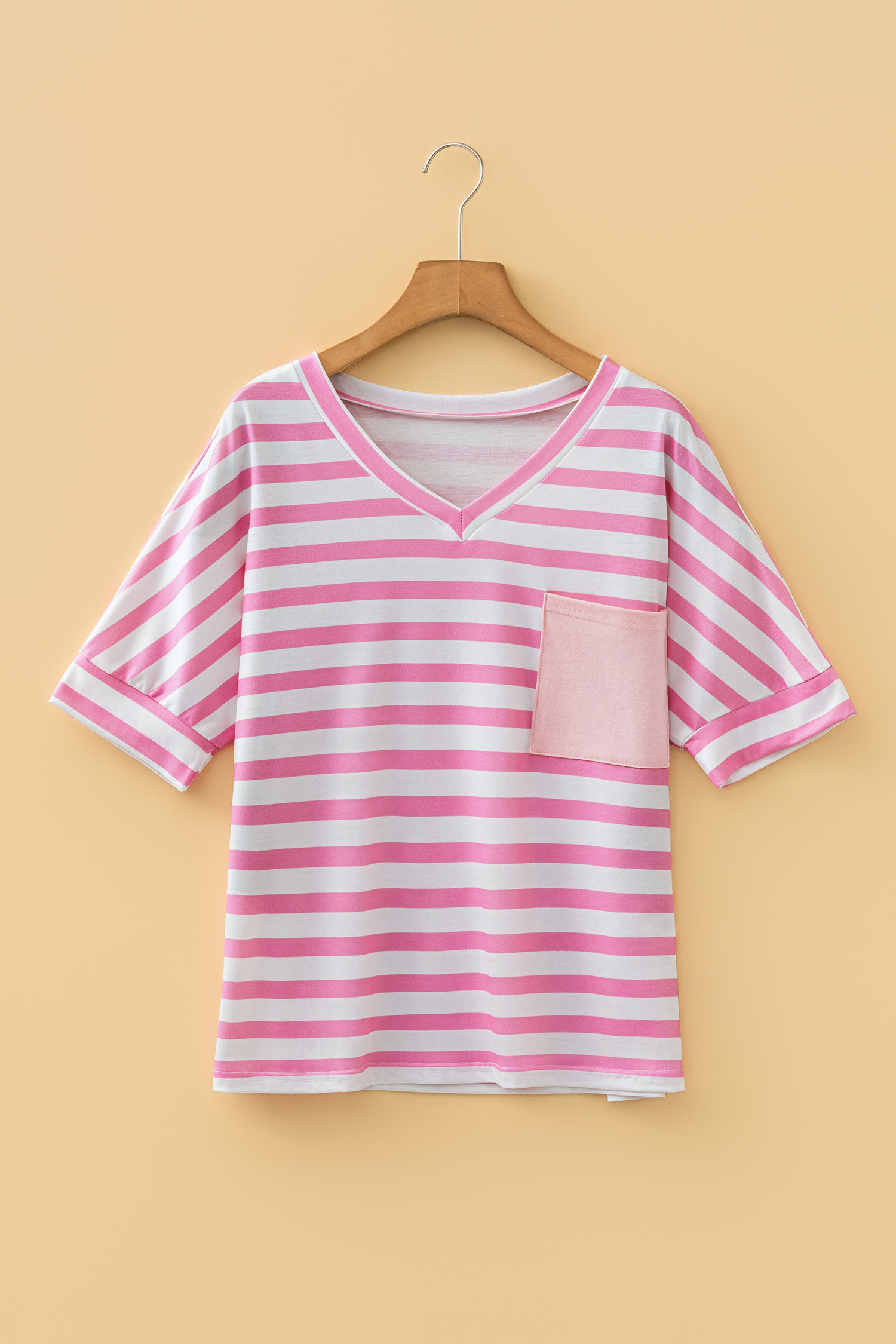 Sky Blue Stripe V Neck Patched Pocket Casual T Shirt - loveforevers