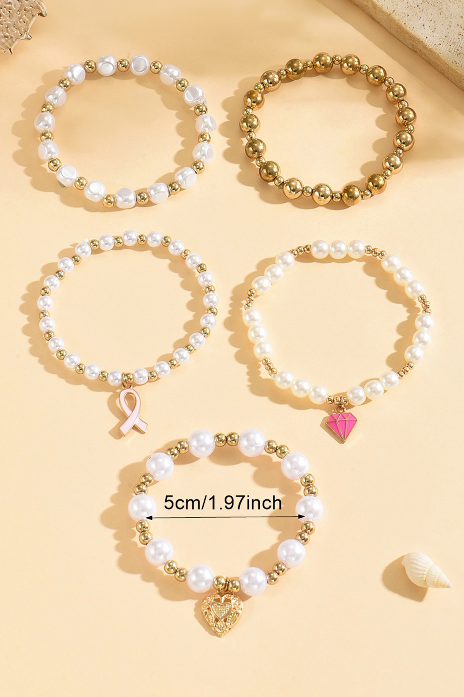 Gold Plated Pearl Beads 5pcs Valentines Day Bracelet Set - loveforevers