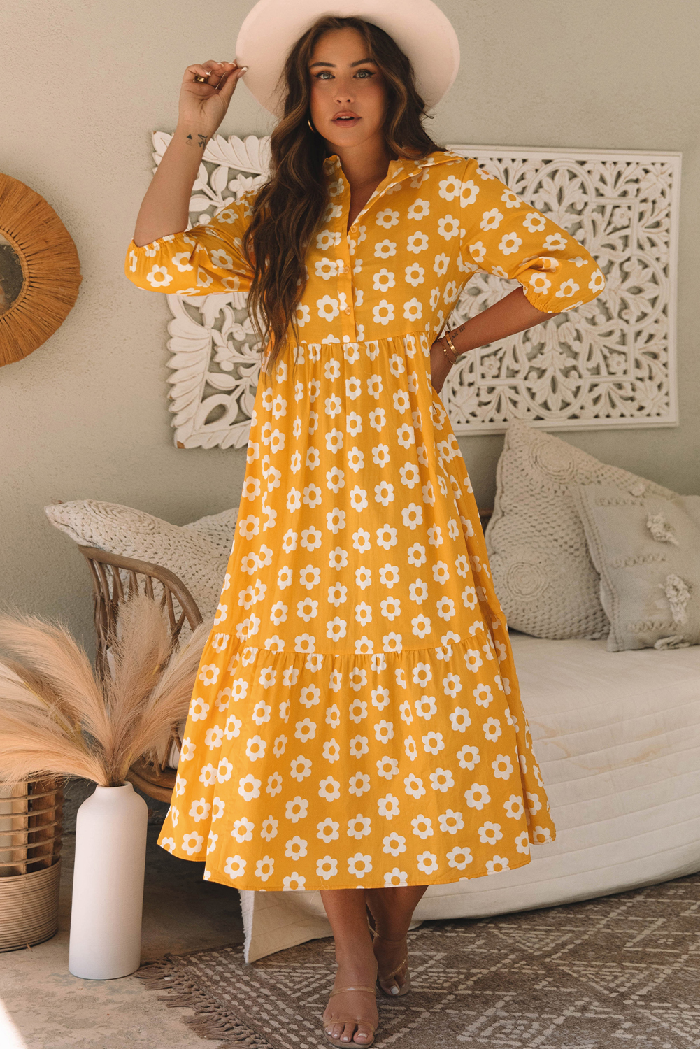 Yellow Flower Print Bracelet Sleeve Buttons Collared Maxi Dress - loveforevers