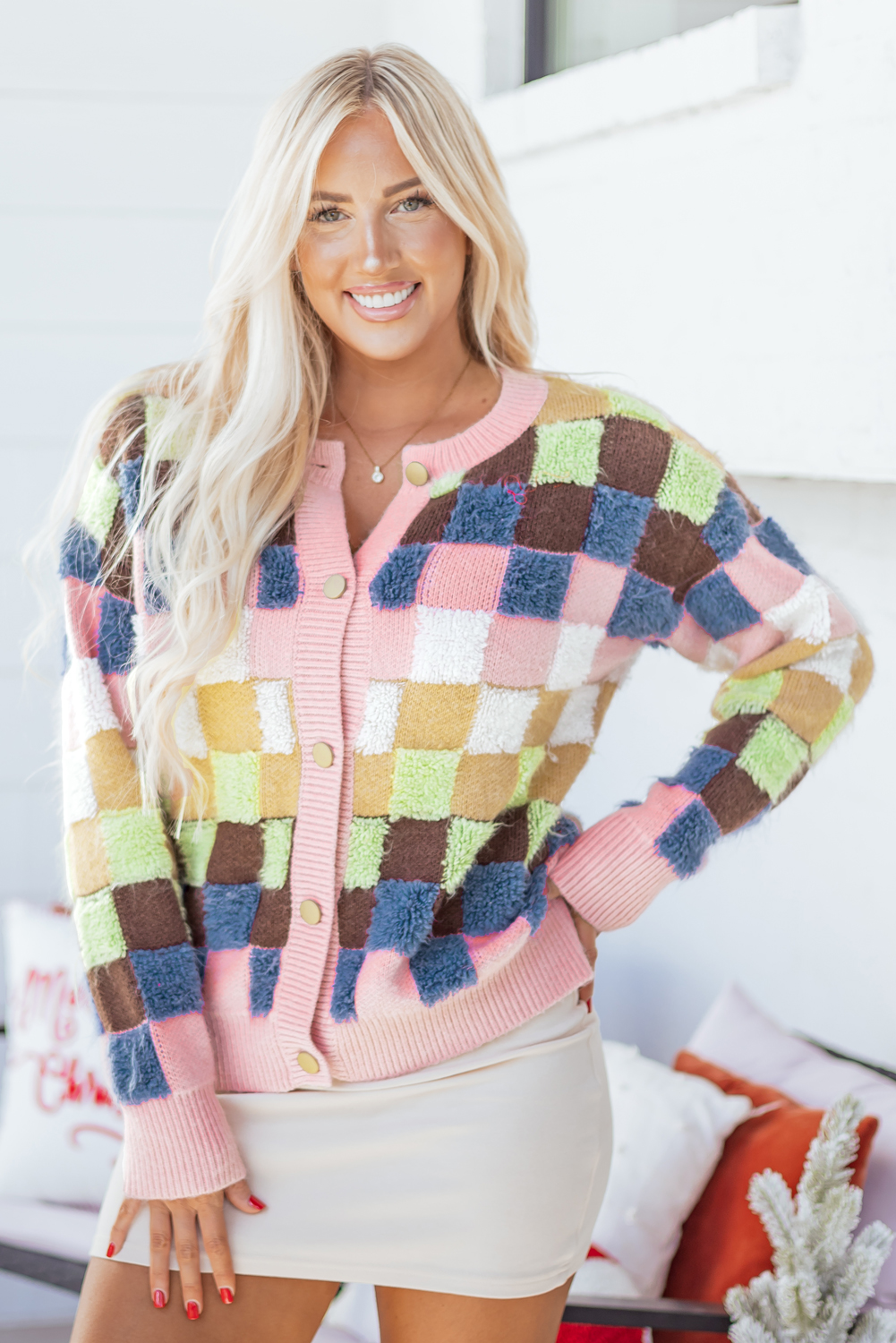 Multicolour Plush Checkered Pattern Button Front Cardigan Sweater - loveforevers